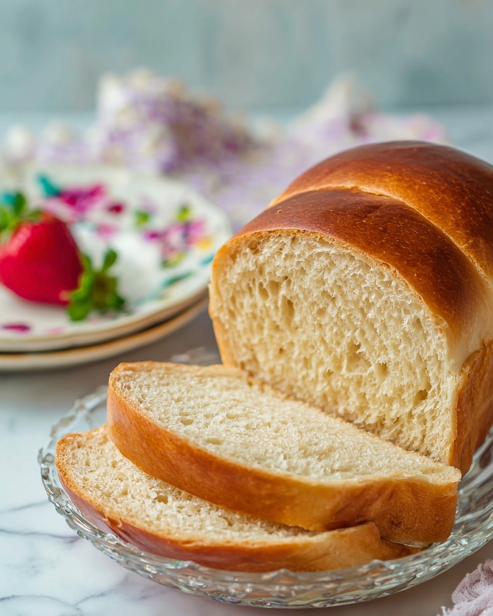 The image shows a clear glass bowl filled with thick, soft slices of shiny golden-brown bread stacked loosely inside. The bread has a smooth, glossy crust and a light, airy texture inside. In the background, there is a white plate with colorful floral patterns holding a single red strawberry and a few green leaves, all placed on a white marbled surface photo taken with an iphone --ar 4:5 --v 7