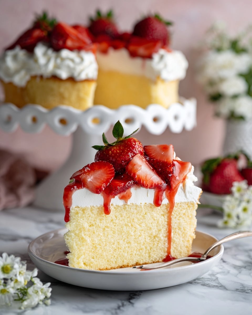 A slice of soft, light yellow cake forms the bottom layer on a white plate. On top, there is a thick, smooth layer of white whipped cream, topped with sliced bright red strawberries soaked in a shiny red syrup that drips slightly down the sides. The background shows a white, scalloped cake stand holding the rest of the cake with more strawberries and cream, against a soft pink backdrop. The surface beneath the plate is white marble with delicate gray veins, and small white flowers are placed near the plate. Photo taken with an iphone --ar 4:5 --v 7