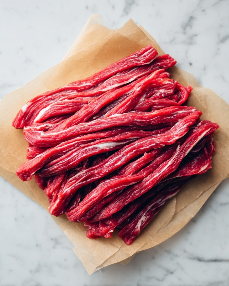 The image shows many long, thin strips of raw meat that are red with some white fat streaks. The strips are piled on top of each other on a light brown parchment paper, which rests on a white marbled surface. The meat looks fresh and moist, with a texture that shows the fibrous strands and fat interlaced closely together. There is no other food or items visible in the image. photo taken with an iphone --ar 4:5 --v 7
