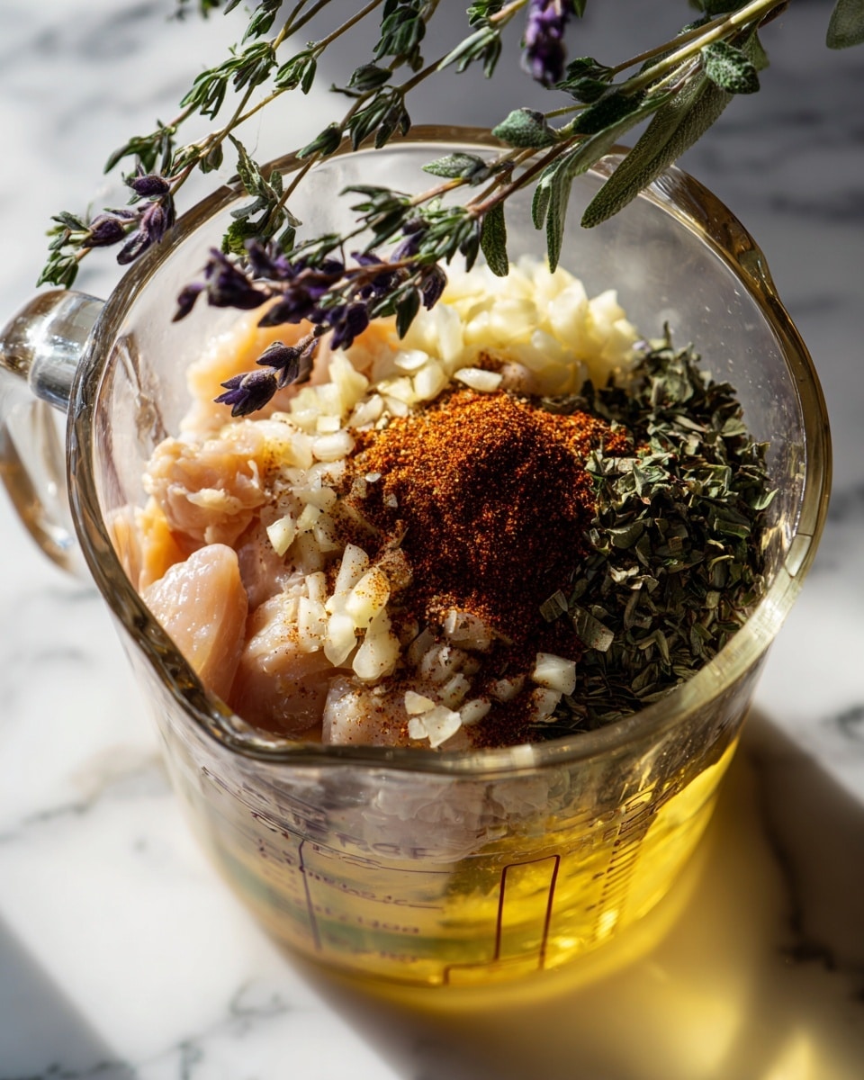 A clear glass measuring cup holds several layers of ingredients, starting at the bottom with a golden yellow liquid, followed by raw pale pink pieces of chicken, then a layer of finely chopped white garlic cloves scattered on top. On one side, there is a generous sprinkle of deep reddish-brown ground spices mixed with green leafy herbs. Small fresh green herb sprigs with purple stems are scattered over the chicken and spices, all set against a white marbled surface with light reflecting softly on the glass. A few green herb stems hang into the frame from above. photo taken with an iphone --ar 4:5 --v 7