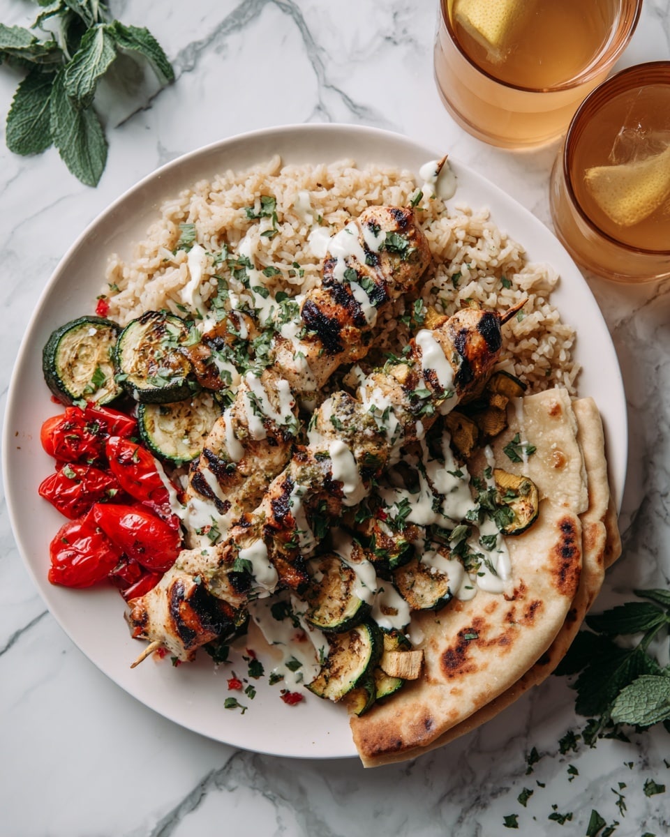 A white plate holds a layered dish on a white marbled surface. At the bottom is a flat, golden pita bread forming the base layer, slightly puffed and soft-looking. On top of the pita, there is a layer of light brown cooked rice spread out unevenly. Next, bright green grilled zucchini pieces and charred red bell pepper chunks are placed on one side of the plate. On top of the rice and pita, three skewers of grilled meat, golden-brown with dark grill marks, rest across the middle, each skewer topped with drizzles of white creamy sauce and small green herb leaves. Bright red sliced tomatoes add a fresh pop of color near the center of the plate. In the background, there are two amber-colored glasses partially filled with foamy light beer, set on the same white marbled surface, near some scattered fresh green leaves. The photo is taken with an iphone --ar 4:5 --v 7