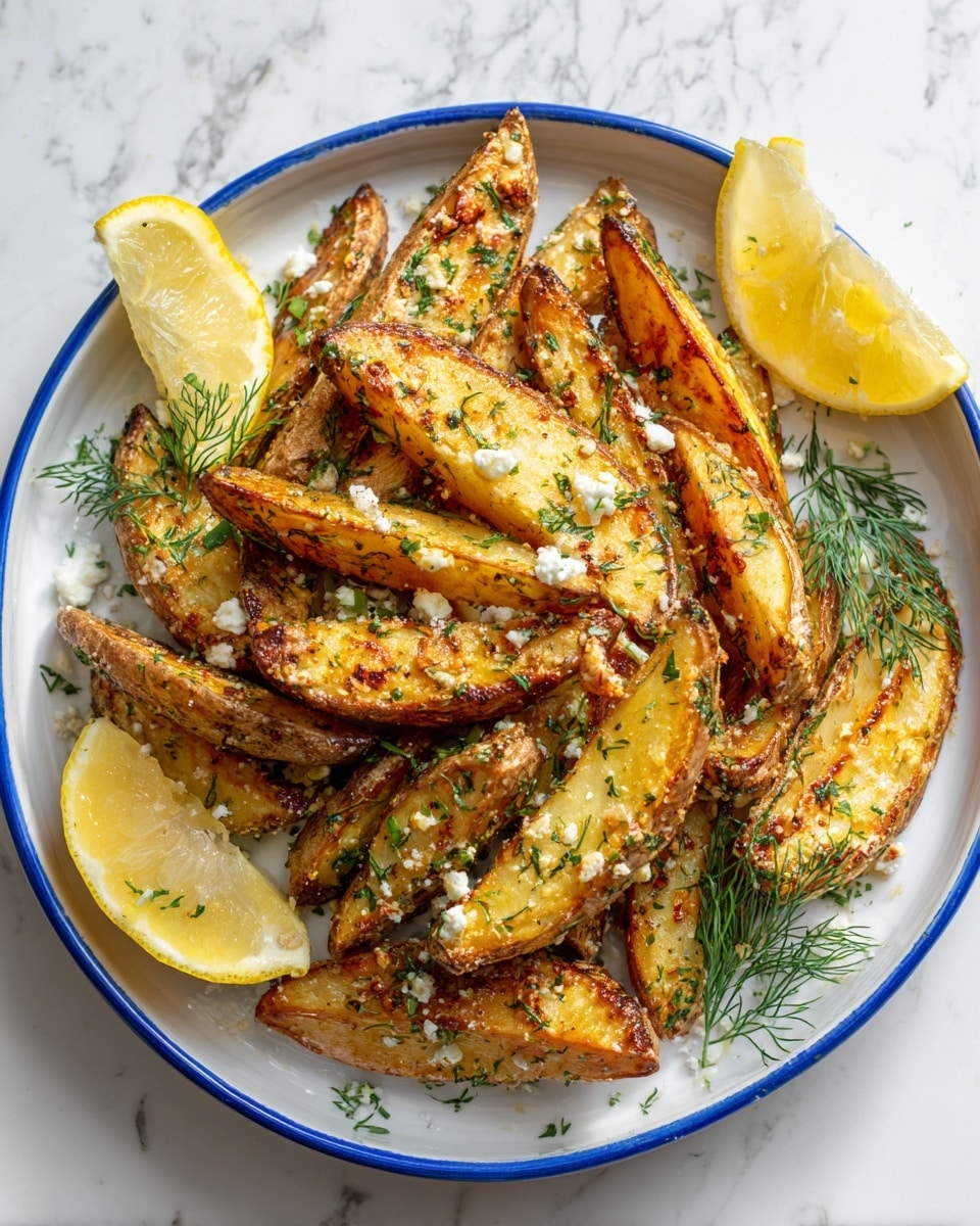 A white plate with a blue rim filled with golden brown potato wedges arranged in layers, each wedge crisp on the outside with a light rough texture. White crumbled cheese is sprinkled evenly on top, adding a soft texture contrast. Small pieces of fresh green herbs, mainly parsley and dill, are scattered over the wedges, giving a fresh, leafy look. Two bright yellow lemon wedges rest on opposite sides of the plate, adding a pop of color. The plate sits on a white marbled surface that enhances the colors of the food. Photo taken with an iphone --ar 4:5 --v 7