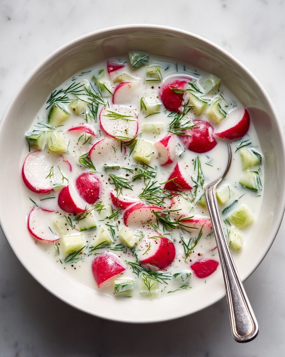 A white bowl with a scalloped edge filled with a pale pink creamy soup, smooth in texture. On top, there are three thin slices of vegetables: one green cucumber slice and two light red chili rings placed carefully near the center. The bowl is set on a white marbled surface. photo taken with an iphone --ar 4:5 --v 7