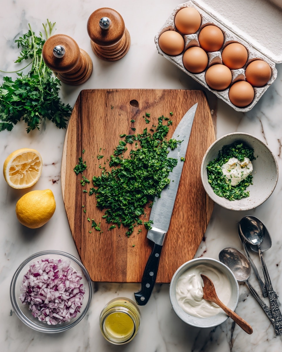 The image shows a wooden cutting board on a white marbled surface. On the board are fresh green herbs and a large knife with some chopped green pieces on its blade. To the right of the board is a white bowl with a creamy white mixture and a small wooden spoon inside it. Above the board is a white egg carton holding six brown eggs. To the left of the board, there are two lemon halves, a wooden citrus juicer, and a wooden pepper grinder. Below the board, there is a glass bowl filled with finely chopped red onions, and next to it, a small jar with a lemon-yellow sauce or dressing. Some metal measuring spoons are placed near the creamy bowl. The scene is well-lit with natural light and looks like a fresh kitchen setup ready for cooking. Photo taken with an iphone --ar 4:5 --v 7