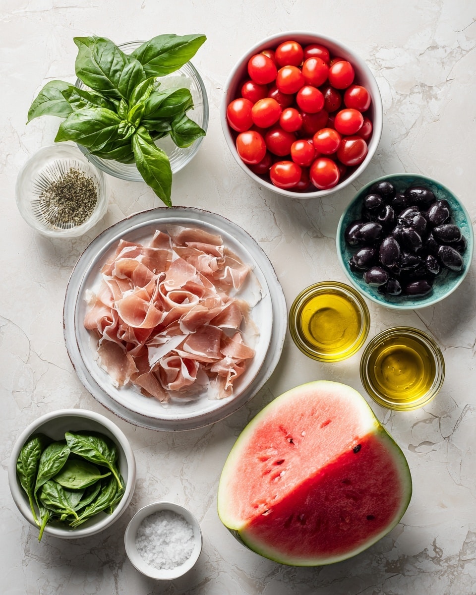The image shows a top-down view of several small white bowls and plates arranged neatly on a white marbled surface. One bowl holds small bright red cherry tomatoes, another has fresh green basil leaves, and a third contains black olives. There is a white plate with neatly arranged thin slices of pale pink cured meat. A large half watermelon with a bright red interior and black seeds is placed near the center. There are also small clear glasses filled with golden olive oil, and fresh green spinach leaves scattered around. A small white container with coarse salt is visible as well. The colors are fresh and vibrant, with a mix of reds, greens, blacks, and whites creating a clean, appetizing look. Photo taken with an iphone --ar 4:5 --v 7