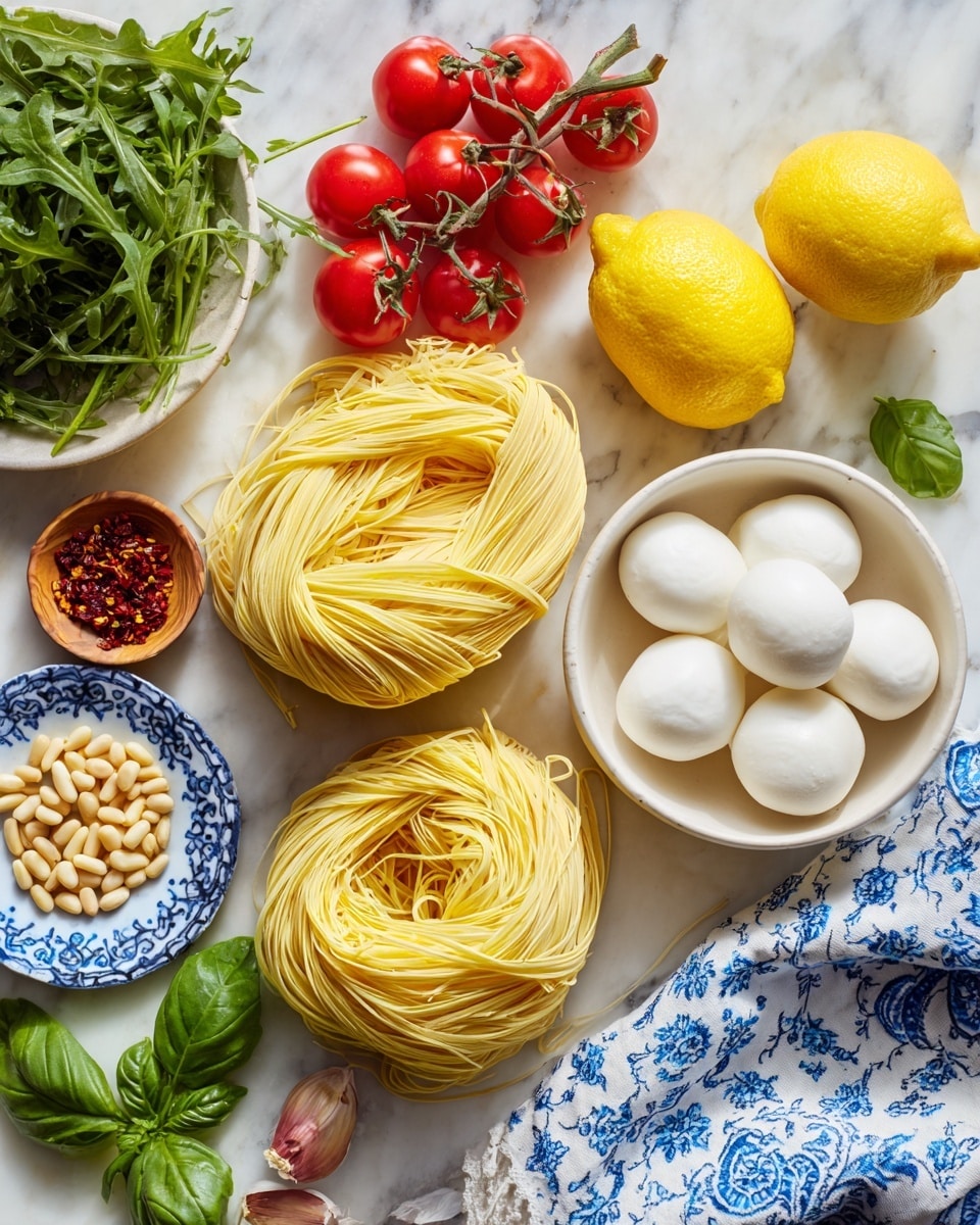 The image shows fresh ingredients placed on a white marbled surface. In the center, there are three bundles of light yellow pasta with a soft texture. To the right, there is a white bowl with three round white mozzarella balls. Above the pasta, two bright yellow lemon halves and one whole lemon sit side by side. To the left of the pasta, a bunch of small, round, shiny red tomatoes on a vine is placed beside two garlic cloves. A small white plate with a blue pattern holds a pile of pale yellow pine nuts at the bottom left of the image, while a small wooden dish with red chili flakes rests above the tomatoes. A bowl of dark green arugula sits at the top left, and fresh basil leaves and herbs are scattered across a white and blue patterned cloth napkin on the bottom left. Photo taken with an iphone --ar 4:5 --v 7