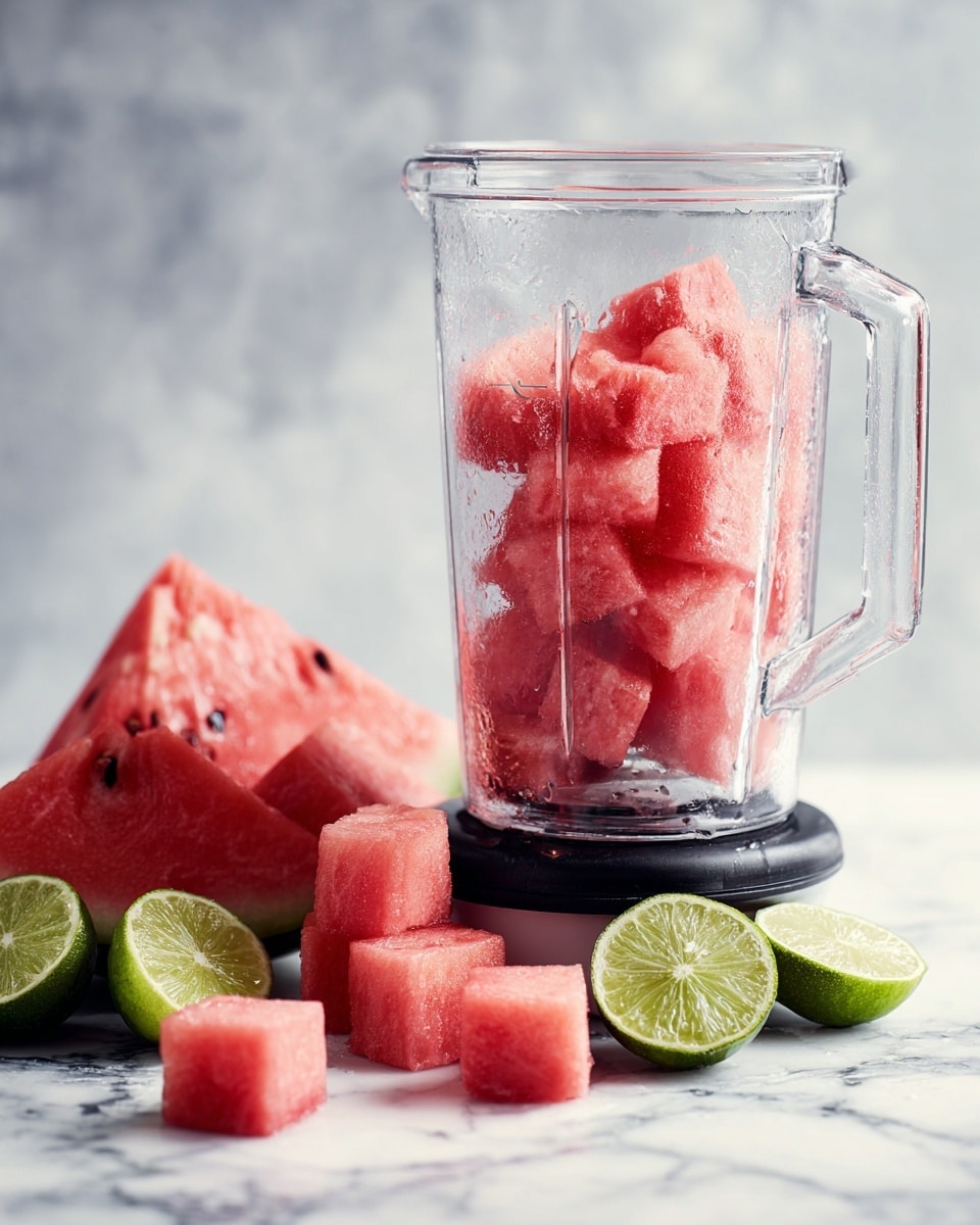 A clear blender jar sits on a black base on a white marbled surface, filled with bright pink watermelon cubes that look juicy and fresh. Next to the blender, there is a large piece of watermelon rind with some watermelon pieces around it, and halved limes showing their light green color. The whole scene has a fresh and light feeling. photo taken with an iphone --ar 4:5 --v 7