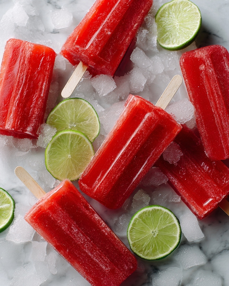 The image shows many red popsicles lying close together on a bed of ice with small ice pieces scattered around. Each popsicle has a smooth texture with slight ridges and is attached to a wooden stick. Among the popsicles, there are several bright green lime wedges placed randomly, adding color contrast. The overall setting appears cold and refreshing, with the ice making the popsicles look chilled. The background is a white marbled texture. photo taken with an iphone --ar 4:5 --v 7