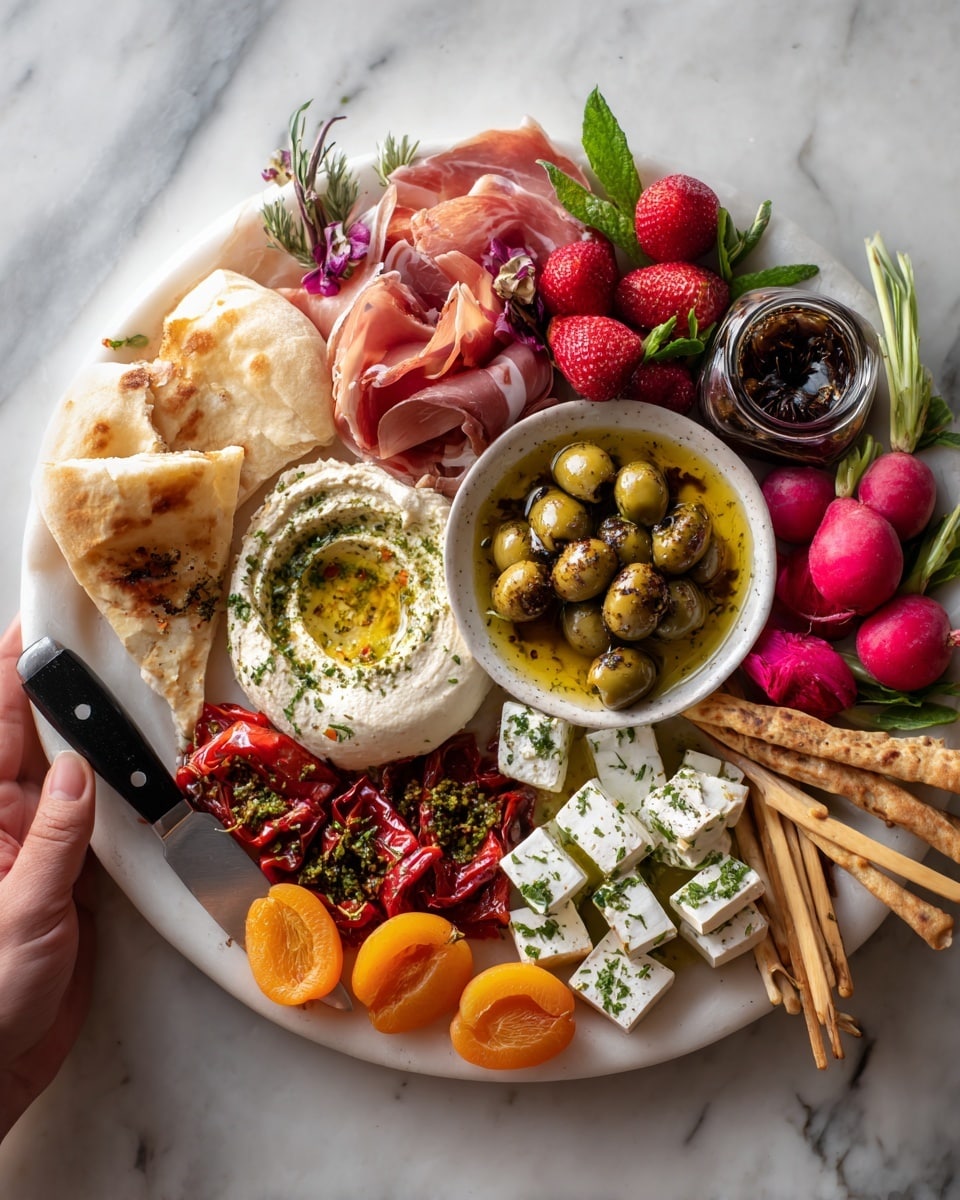 A white plate holds a colorful mix of foods arranged in layers. In the center is creamy hummus with a pool of olive oil and green herbs on top. Around the hummus, there are small red peppers stuffed with white cheese on the left, light green artichoke pieces above, and a bowl filled with shiny green olives mixed with herbs to the right. Below the hummus, there are white cheese cubes with green herbs sprinkled on them, next to deep red sun-dried tomatoes and bright red roasted pepper strips. Near the bottom edge, orange apricots, some whole and some halved, add a fresh look. The plate is on a white marbled surface. photo taken with an iphone --ar 4:5 --v 7