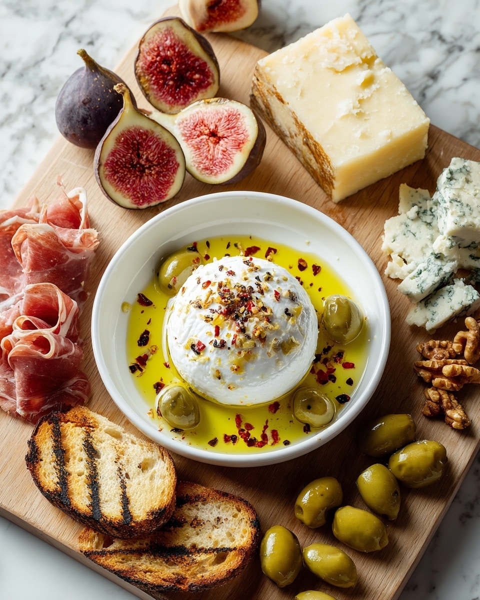 A round ball of white cheese sits in the middle of a white bowl filled with olive oil, garnished with black pepper flakes and chili flakes on top, surrounded by four halved green cherry tomatoes floating in the oil. Around the bowl on a wooden board, starting from the top left, are halved figs showing pink flesh and seeds, a block of pale yellow cheese with rough texture and some broken pieces scattered near it, a pile of shiny green olives to the right, and cubes of blue cheese topped with a strawberry sliced in half and a small piece of honeycomb on top. At the bottom, two slices of grilled bread with clear grill marks lean against the board next to some nuts, and to the left are thin slices of cured meat rolled up. The whole setup rests on a white marbled surface photo taken with an iphone --ar 4:5 --v 7