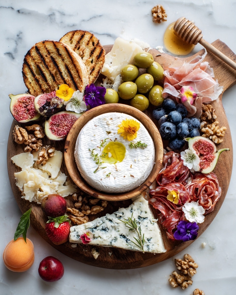 A wooden board filled with many foods on a white marbled surface, in the center is a small bowl with a soft white cheese ball drizzled with olive oil and sliced green tomatoes. Around it, there are pale green olives on the right and a wedge of white-rind cheese next to them, with edible yellow and purple flowers placed nearby. Below this cheese is a slice of blue cheese topped with orange jam and a strawberry half, surrounded by blueberries and another edible flower; a small honey dipper is placed near sliced yellow peaches to the right edge. At the top center is a large block of crumbly yellow cheese with some broken pieces beside it, and a small dark glass of liquid behind it. To the left of this cheese are grape figs cut in halves showing pinkish interiors, some wrapped in thin sliced cured meat. There are light brown grilled bread slices scattered across the board and some walnuts with pumpkin seeds on the bottom left. The overall look is colorful with a mix of soft, crumbly, and crunchy textures. Photo taken with an iphone --ar 4:5 --v 7