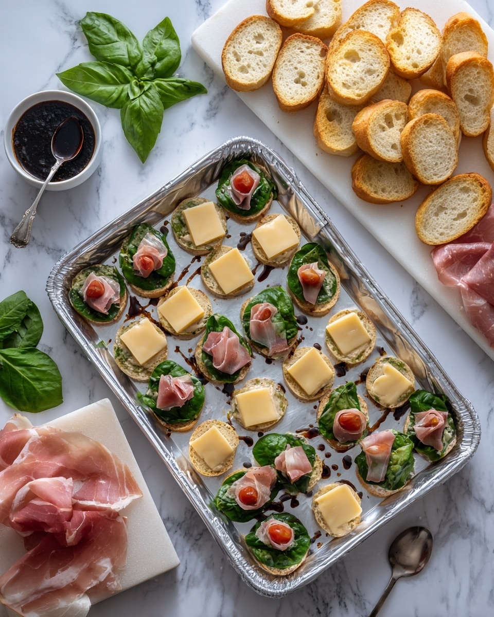 The image shows a baking tray lined with foil, holding two layers: the bottom layer is small, round slices of bread in a light golden color, and the top layer is square pieces of pale yellow cheese neatly placed on each bread slice. Below the tray, there is a white board with many small appetizers arranged in rows, each made of a fresh green spinach leaf base topped with thin slices of pink cured meat and small roasted red cherry tomatoes drizzled with a dark balsamic glaze. To the left, there are whole slices of bread, a white bowl with dark balsamic sauce and a small spoon, fresh green basil leaves scattered around, and a piece of folded pink cured meat on a white base. Everything is set on a white marbled surface. Photo taken with an iphone --ar 4:5 --v 7