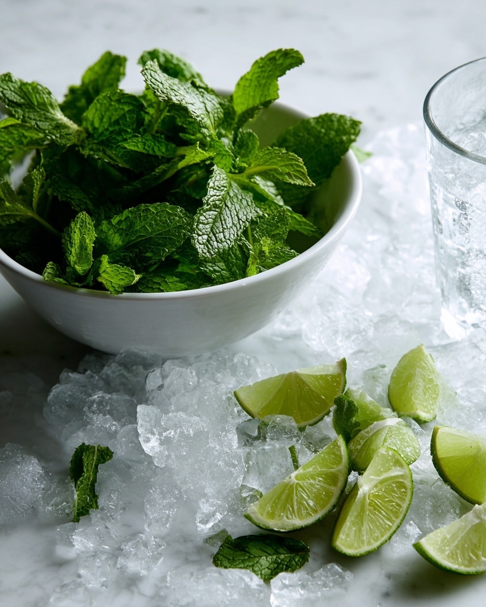 The image shows a white bowl with fresh green mint leaves overflowing from the top, placed on a white marbled surface. In front of the bowl, there are several lime wedges with bright green skin and pale green inside, scattered among crushed ice that looks clear and shiny. To the right, a transparent glass container is partially visible, adding depth to the scene. The overall colors are fresh green and white, with natural textures of the mint, lime, and ice standing out clearly in soft, natural light. photo taken with an iphone --ar 4:5 --v 7