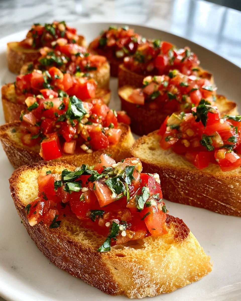 The image shows several pieces of toasted baguette slices layered with bright red diced tomatoes mixed with small green basil pieces on top. Each baguette slice has a crunchy golden-brown texture with the tomato topping appearing juicy and fresh, dotted with soft herbs. The slices are arranged closely together on a white plate with a white marbled surface beneath. photo taken with an iphone --ar 4:5 --v 7