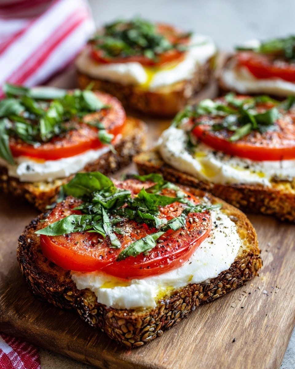 The image shows five pieces of toasted multigrain bread placed on a wooden board. Each piece has three visible layers: the bottom layer is the golden-brown toasted bread with a textured crust sprinkled with seeds; the middle layer is a bright red, thick slice of tomato; the top layer is a thick, white, creamy cheese that slightly melts over the bread edges. On top of the cheese are fresh green basil leaves, roughly chopped, and a light drizzle of olive oil with a sprinkle of black pepper. A red and white striped cloth is partially visible on the left side. Photo taken with an iphone --ar 4:5 --v 7