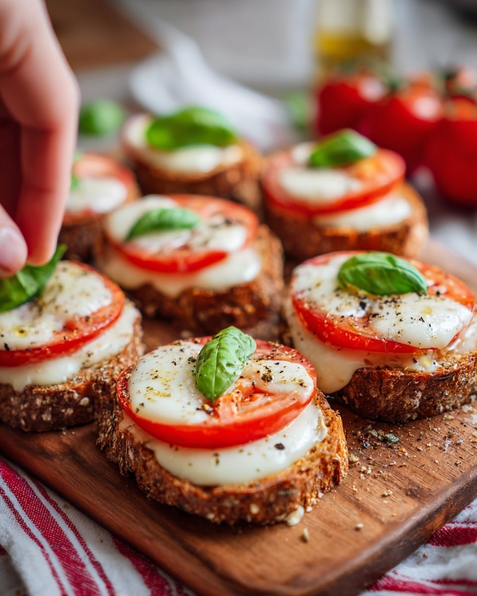 The image shows five pieces of toasted bread topped with three layers. Each piece has a base layer of golden toasted bread with a textured crust full of seeds and grains. On top of the bread is a bright red thick tomato slice with a smooth surface. Over the tomato is a soft, white melted cheese layer, slightly flowing down the sides of the bread. The cheese layer is partly covered with fresh green basil leaves, chopped into small pieces. The food is placed on a wooden board, and a red and white striped cloth is at the side. Photo taken with an iphone --ar 4:5 --v 7