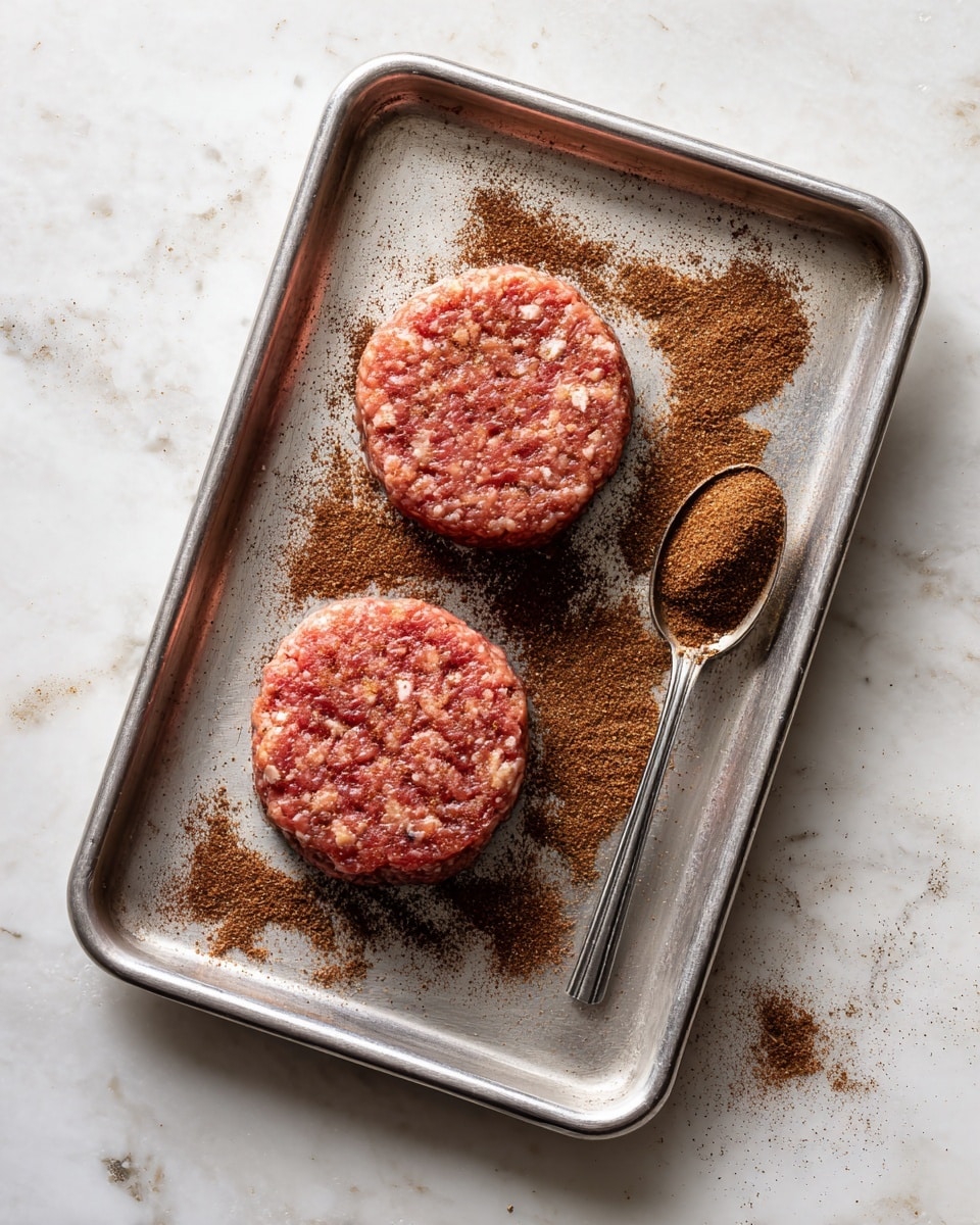 The image shows two raw round patties of ground meat placed on a metal baking tray. Each patty has an uneven surface texture with a mix of light pink and red meat colors. Both patties are covered with a dark brown spice powder that is also scattered on the tray around them. A small silver spoon filled with the same brown spices is lying near the top right of the tray. The tray rests on a white marbled surface that is faintly seen around the tray. photo taken with an iphone --ar 4:5 --v 7