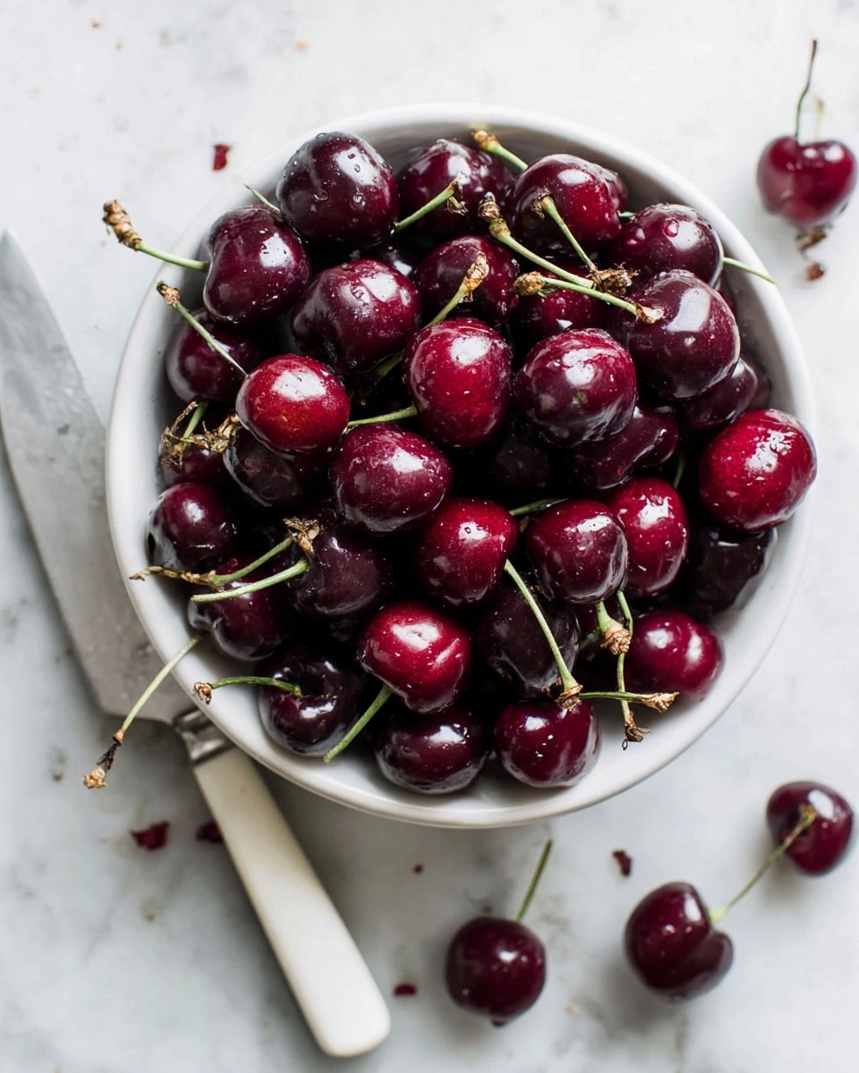 A round white bowl is full of shiny dark red cherries with green stems, piled high in a loose mound. Some cherries have a bright red shine while others are deeper red or almost purple. A white handle knife with a silver blade lays next to the bowl on a white marbled surface. There are a few loose cherries and cherry pieces scattered around the bowl. Photo taken with an iphone --ar 4:5 --v 7