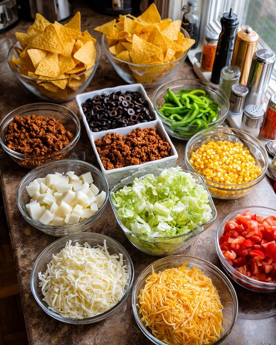 The image shows a table with many clear glass bowls and a white rectangular dish with taco ingredients arranged neatly. At the top, there are two bowls filled with yellow triangular tortilla chips. Below and around them are bowls with ground beef, sliced green bell peppers, black olives, shredded chicken, cubed white cheese, shredded yellow and white cheese, diced white onions, yellow corn, chopped red tomatoes, mixed diced vegetables, and fresh iceberg lettuce leaves. The bowls are placed on a brown marbled textured surface near a window, and there are also some seasoning bottles and a spray bottle visible. Photo taken with an iphone --ar 4:5 --v 7