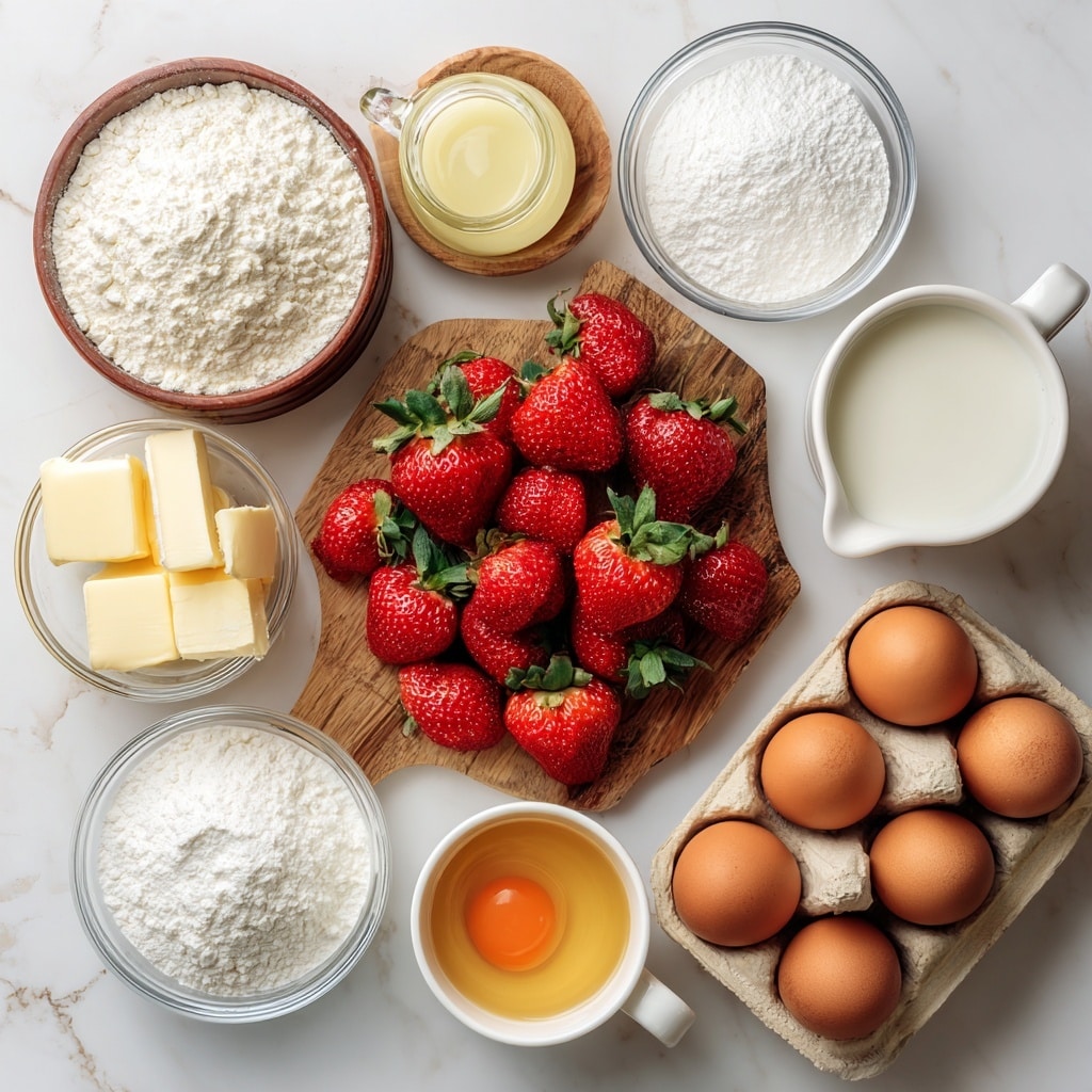 The image shows a flat lay of baking ingredients on a white marbled surface. At the center is a small wooden cutting board holding about a dozen fresh, bright red strawberries with green leaves. Surrounding the board are various clear glass bowls and white mugs containing different ingredients: a bowl with flour topped with powdered sugar, another with a yellow block of butter, one with white sugar, a bowl with a cracked egg inside, and a larger bowl with an intact egg. Next to the strawberries, there is a small jar of light yellow liquid and a white mug with a whole egg inside liquid. A dozen brown eggs are placed in a beige carton at the bottom right. All items are neatly arranged with clear textures and colors. Photo taken with an iphone --ar 4:5 --v 7