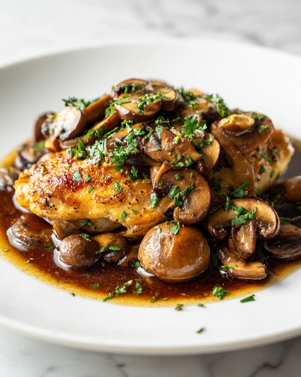 A white plate on a white marbled surface holds a dish with two main layers. The bottom layer is a bed of whole and sliced cooked mushrooms that are brown and glossy with a rich sauce. On top of the mushrooms sits a golden-brown chicken piece covered with chopped fresh green herbs. The chicken looks juicy and slightly crispy on the outside with a shiny glaze. Photo taken with an iphone --ar 4:5 --v 7
