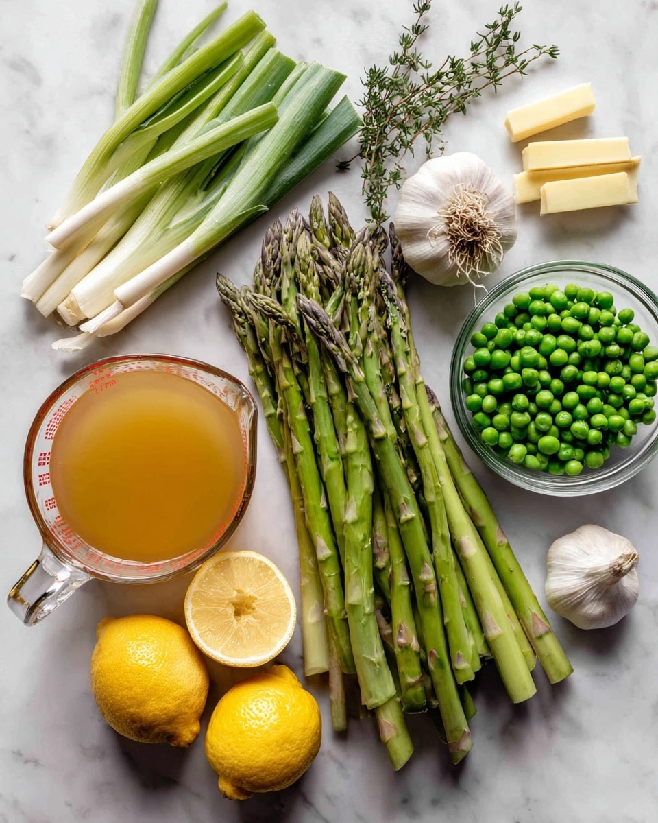 The image shows a collection of fresh ingredients placed on a white marbled surface. At the center, there is a bunch of green asparagus spears neatly arranged, slightly crossing over each other. To the left of the asparagus, there are several light green and white leeks with their long leaves spread out. Near the leeks, sprigs of fresh thyme add texture with their small green leaves. A whole bulb of garlic with its papery white skin is placed near the top right side. To the right of the asparagus, a clear glass bowl filled with bright green peas adds a pop of color. In the lower part of the image, a sliced lemon shows its bright yellow inside, with another whole lemon beside it. At the bottom left, a glass measuring cup holds amber-colored broth, shining slightly. Near the top right corner, sticks of yellow butter wrapped in white paper complete the ingredients displayed photo taken with an iphone --ar 4:5 --v 7