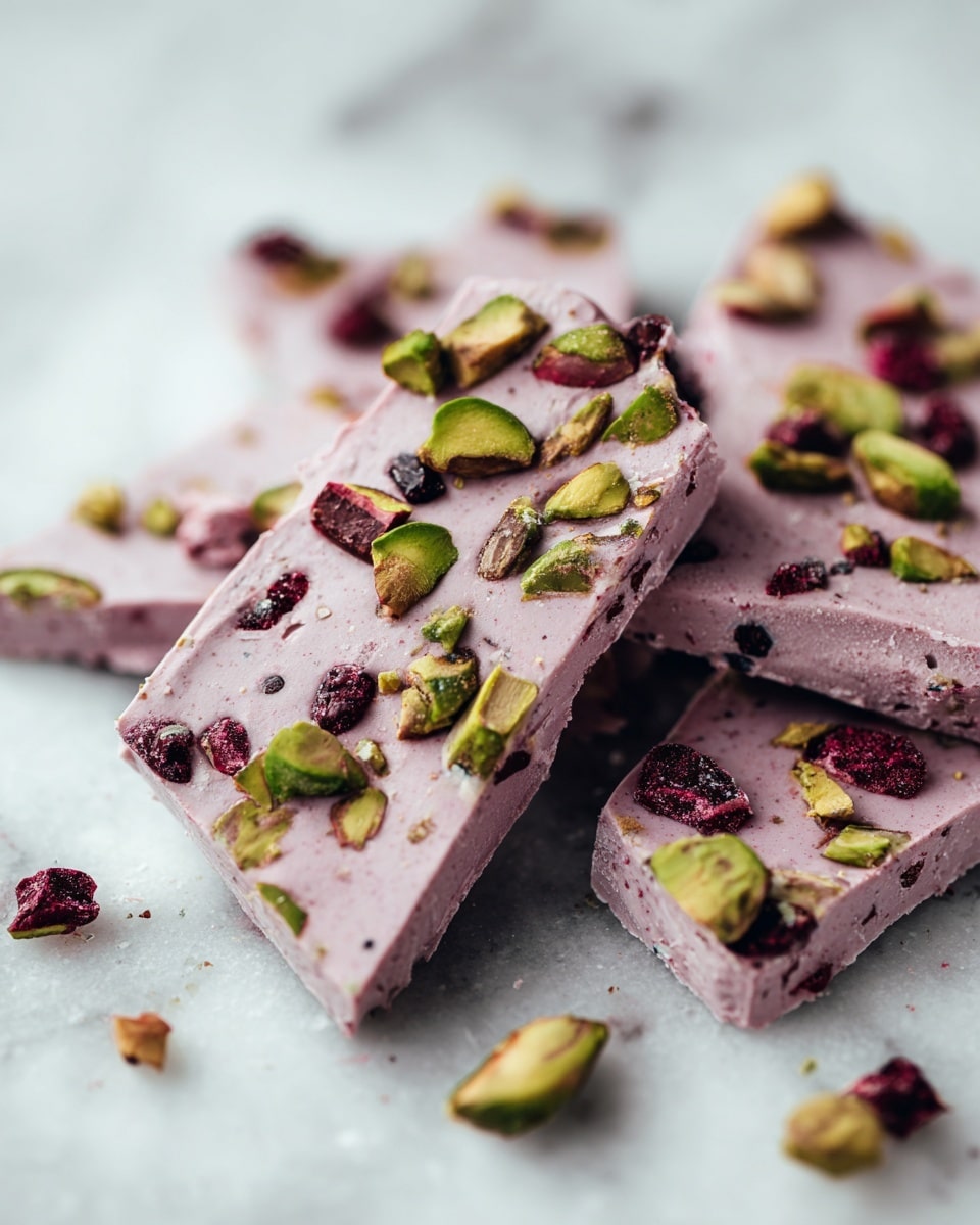 The image shows several broken pieces of a thin purple chocolate bark scattered on a white marbled surface. The chocolate bark has a smooth, shiny texture and is topped with a mixture of dark dried berries and bright green pistachio nuts, giving it a speckled look of green, black, and pinkish-red on the purple layer. The pieces vary in size and shape, with some showing rough edges and toppings that look embedded into the chocolate. The overall look is colorful and textured with a mix of smooth chocolate and crunchy nuts and chewy berries. Photo taken with an iphone --ar 4:5 --v 7