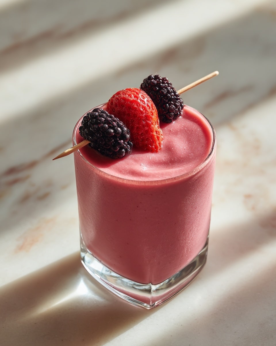 The image shows a single tall, clear glass filled with a smooth, thick pink smoothie. The smoothie fills the glass almost to the top, with a light creamy texture. On top, there is a skewer resting across the glass rim holding one large red strawberry in the middle, flanked by two small black blackberries. The background has a white marbled texture, and the glass is placed on a white surface. The composition is clean and bright, highlighting the rich, fresh fruit colors and the creamy pink drink. Photo taken with an iphone --ar 4:5 --v 7