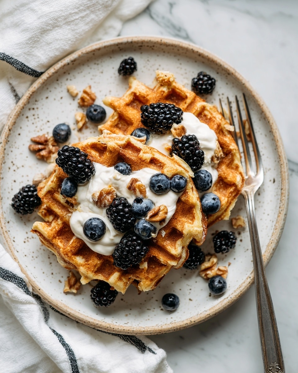 Two golden brown waffles are placed overlapping on a white speckled plate, which rests on a white marbled surface with a striped cloth nearby. Each waffle square has a thick dollop of white cream on top, surrounded by scattered fresh blueberries and blackberries. Small walnut pieces are sprinkled over the waffles, with some more blueberries and light syrup drops on the plate. A silver fork leans on the edge of the plate. The scene is bright and inviting, showing textures from the crispy waffles to the soft cream and juicy berries photo taken with an iphone --ar 4:5 --v 7