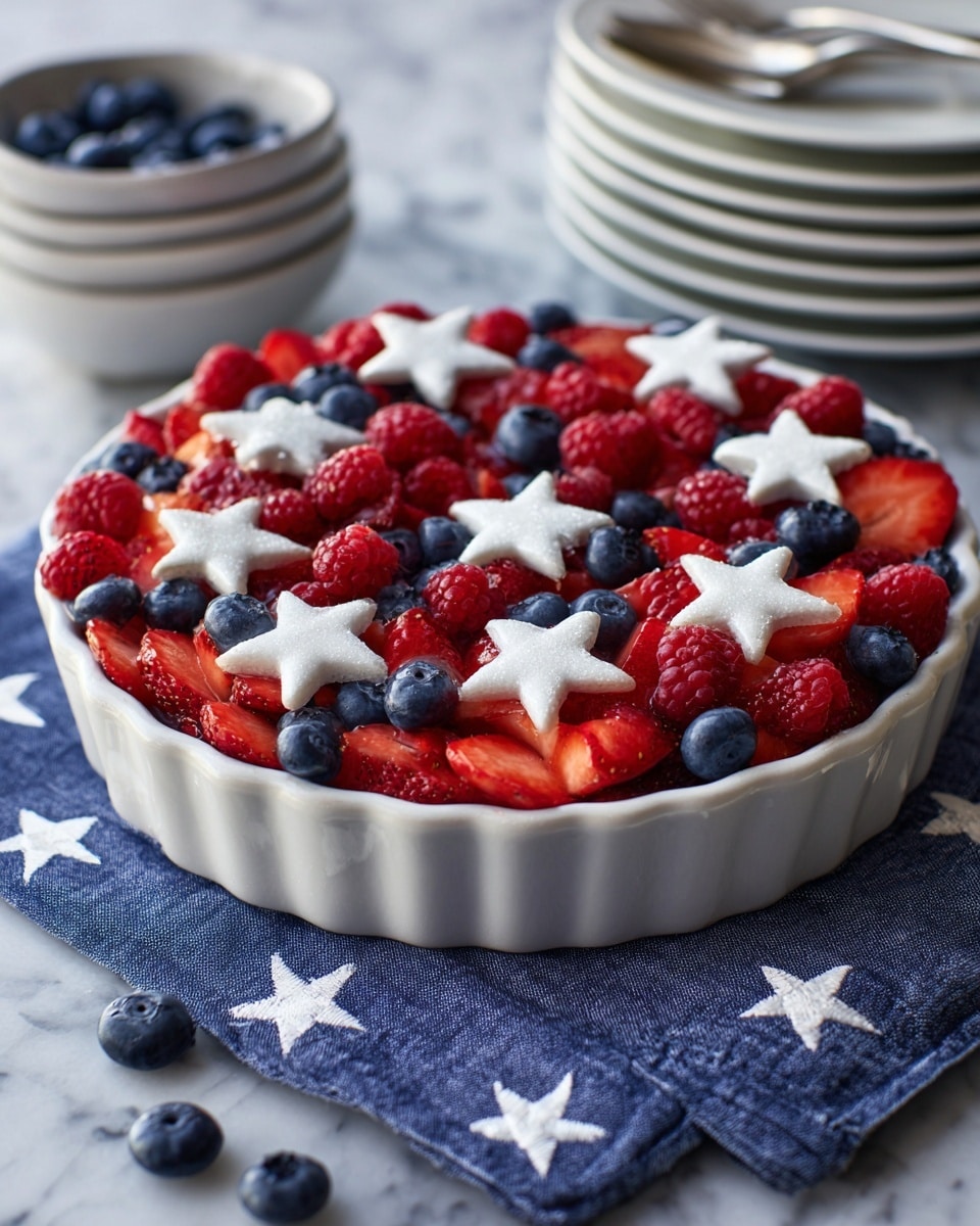 A white fluted bowl filled with three layers of fresh berries and fruit shapes on a white marbled surface with a blue cloth underneath. The bottom layer has bright red chopped strawberries, the middle layer has deep red raspberries and dark blue blueberries, and the top layer is decorated with white star-shaped fruit pieces spaced evenly across the berries. In the background, there are stacked white plates with copper utensils on top. The whole scene is bright and colorful, with a sharp focus on the fruit. Photo taken with an iphone --ar 4:5 --v 7