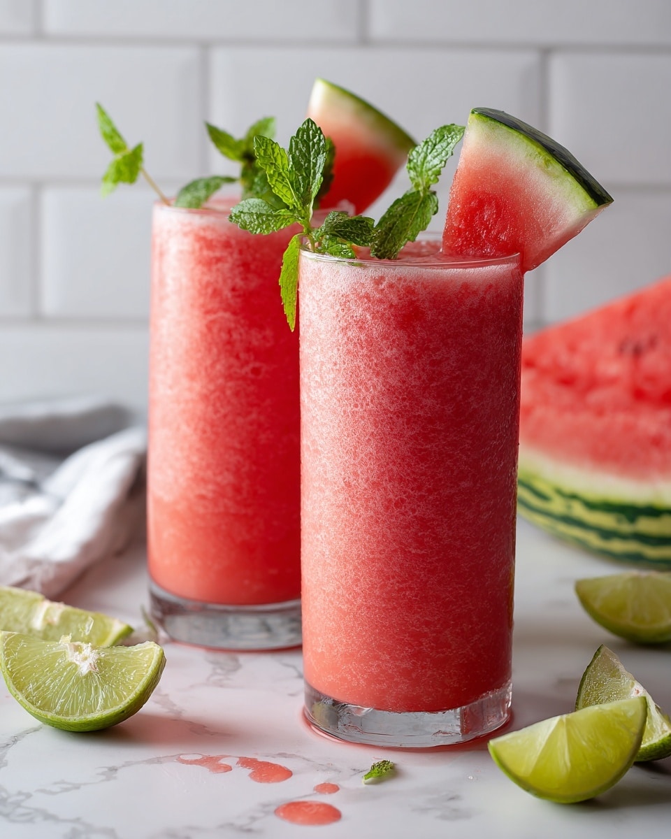 Two tall clear glasses are full of thick, pink watermelon smoothie with a slightly granular texture. Each glass is topped with a fresh green mint sprig and a triangular slice of watermelon with a green rind and red flesh. The glasses sit on a white marbled surface, with a few small drops and splashes of smoothie around them. In front of the glasses, there are three lime wedges showing their bright green and light green inside. In the background, there is a half watermelon with green striped skin and red flesh beside white subway tile. photo taken with an iphone --ar 4:5 --v 7