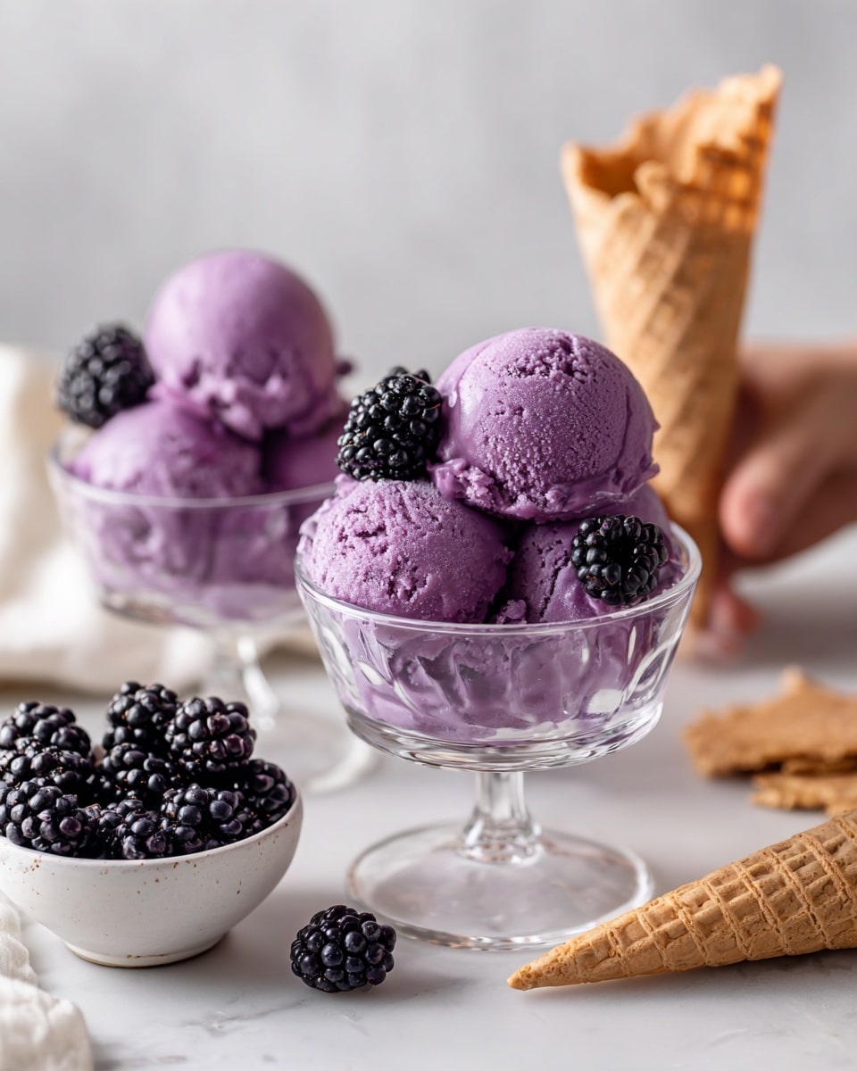 Two scoops of bright purple ice cream are placed in a clear glass bowl with a textured pattern. One scoop is on top of the other, with a few dark purple berries resting on and around the ice cream. Nearby, a white bowl filled with more dark purple berries sits on a white marbled surface. Light brown waffle cones and waffle pieces are scattered around the bowls, adding a crunchy texture to the scene. The colors are vibrant with a soft and creamy look on the ice cream. Photo taken with an iphone --ar 4:5 --v 7