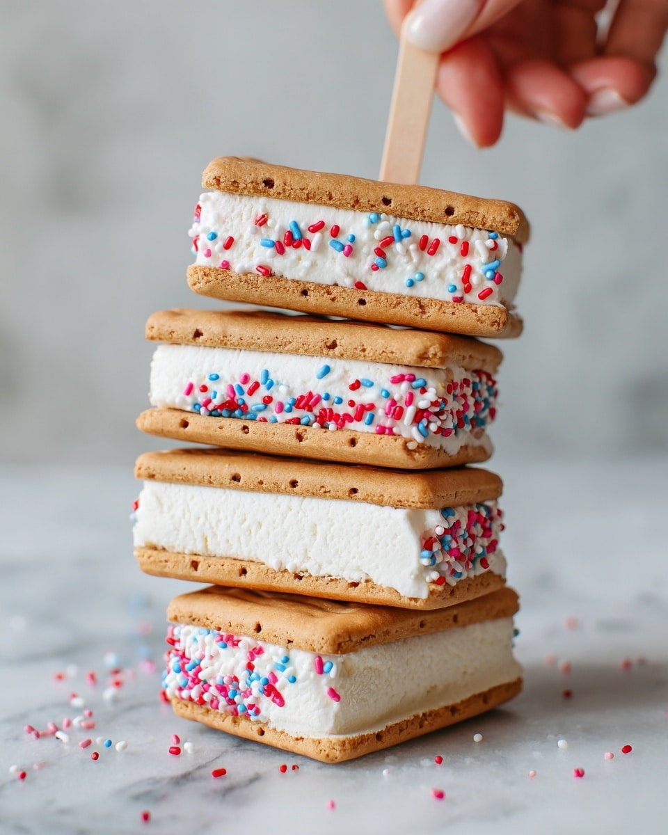 The image shows three ice cream sandwiches on wooden sticks resting on a white marbled surface. Each sandwich has two light brown rectangular cookies with small holes on top. The middle layer is white ice cream, thick and smooth, coated with red, white, and blue round sprinkles on the sides. A woman's hand is holding the top sandwich by the stick, slightly lifting it. The colors are bright and clear, emphasizing the contrast between the brown cookies and colorful sprinkles. Photo taken with an iphone --ar 4:5 --v 7