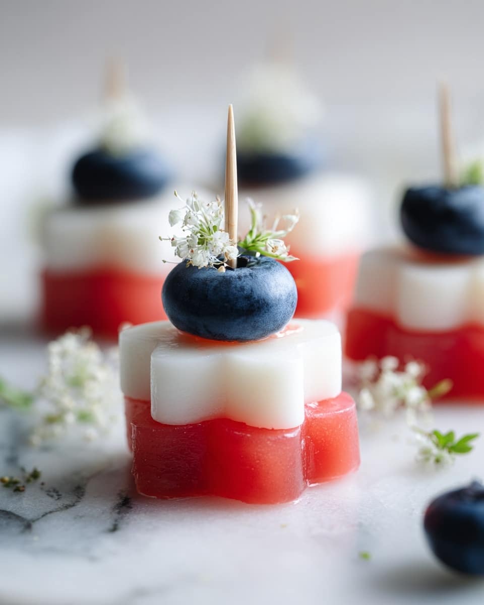 The image shows star-shaped snacks stacked in two layers: the bottom layer is red and juicy, likely watermelon, while the top layer is white and smooth, resembling soft cheese. Each star is topped with a plump, round blueberry held in place by a toothpick. The stars are placed close together on a white marbled surface, with small white flower petals scattered around for decoration. The colors are bright and fresh, with red, white, and blue contrasting nicely. photo taken with an iphone --ar 4:5 --v 7