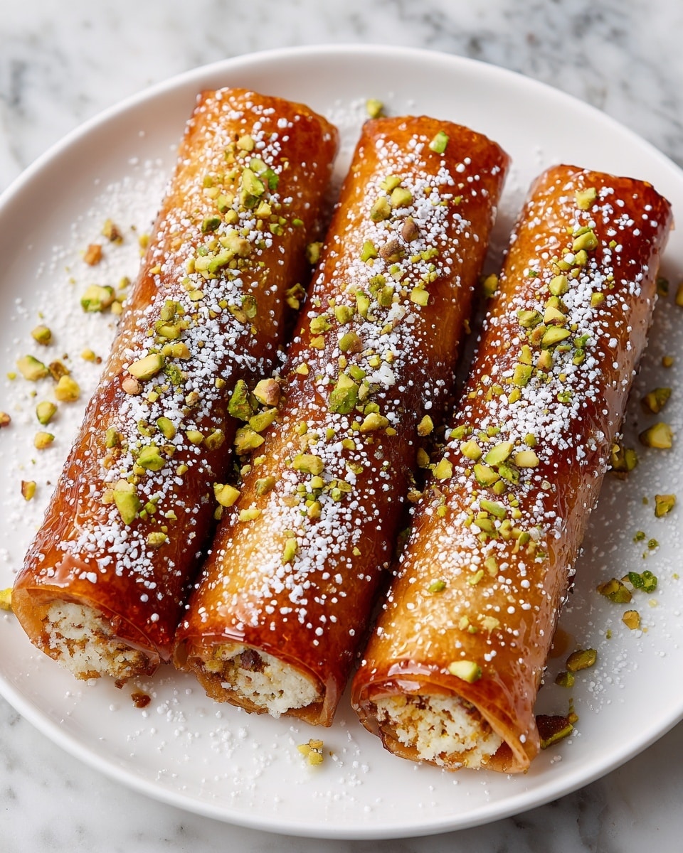 The image shows four golden-brown, shiny rolls arranged side by side on a white plate. Each roll has a smooth, glossy texture from syrup that coats them completely, making them look sticky and sweet. The ends reveal some chopped nuts inside, while the tops of the rolls are sprinkled with crushed green pistachios and a light dusting of white powdered sugar. The plate is set on a surface with a white marbled texture, adding a clean and bright contrast to the rich colors of the sticky rolls. photo taken with an iphone --ar 4:5 --v 7