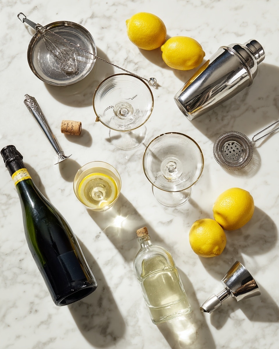 The image shows a top view of a white marbled surface with cocktail-making items arranged. There are three whole bright yellow lemons placed near the center, with a metal citrus zester next to one lemon. Two clear martini glasses with thin stems are positioned in the middle, each with a metal cocktail pick resting inside. A shiny silver cocktail shaker with a strainer on top stands upright nearby. A dark green bottle, likely a champagne or wine bottle, lies open with a cork and wire cage beside it. There is a small glass of light yellow liquid, probably white wine or juice. A clear bottle filled with clear liquid has a cork stopper. A silver double-sided jigger is placed near the bottom right. The overall layout is well organized over the white marbled surface. Photo taken with an iphone --ar 4:5 --v 7