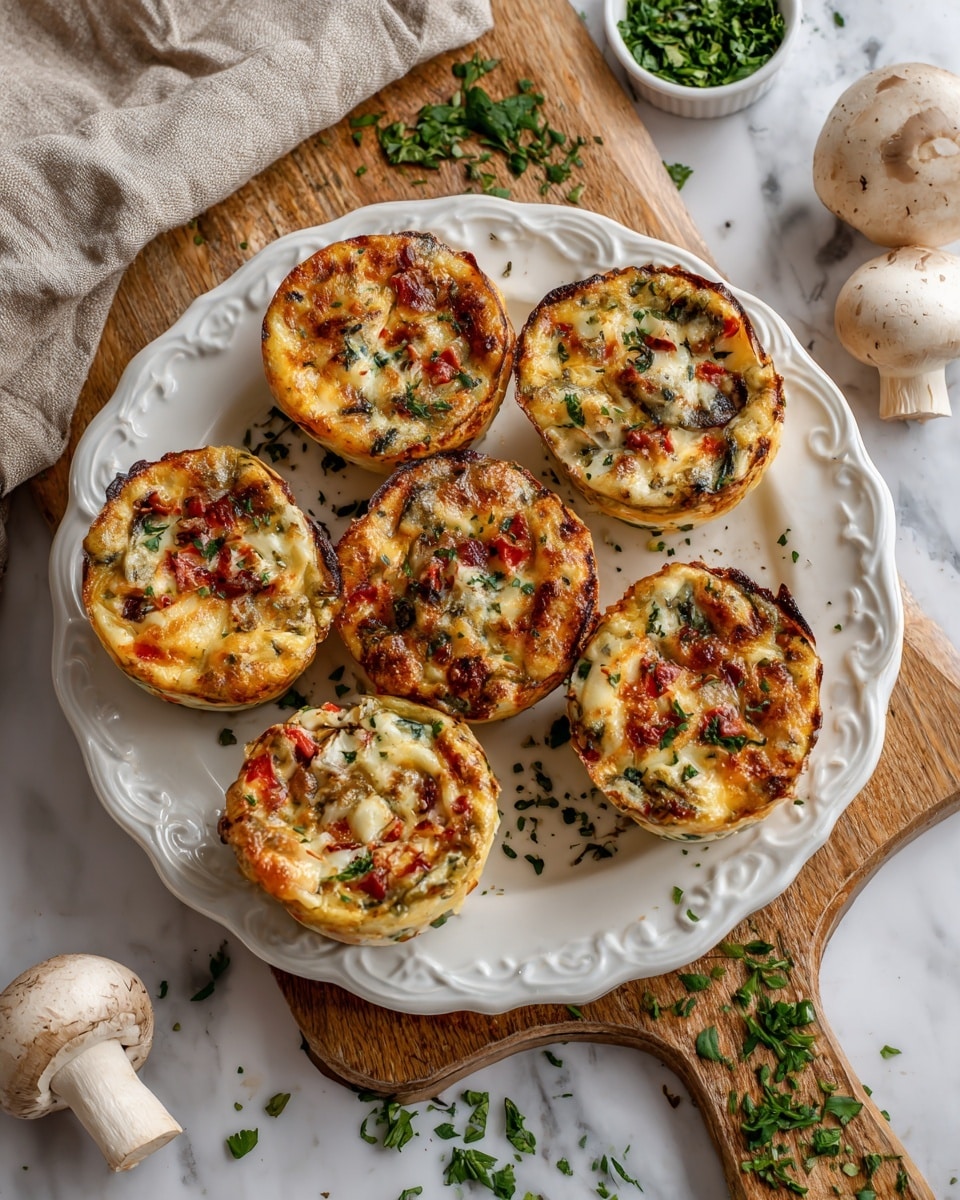 Seven round, golden-brown potato stacks are arranged on a white ornate plate placed on a wooden board. Each stack has two to three layers of thinly sliced potatoes topped with crispy melted cheese, small chips of sun-dried tomatoes, and fresh green herb sprigs sprinkled over them. Fresh thyme sprigs lie on the wooden board and white marbled surface around the plate. Two whole garlic bulbs and a white ramekin with herbs inside are nearby. A folded beige cloth is draped in the top left corner. Photo taken with an iphone --ar 4:5 --v 7