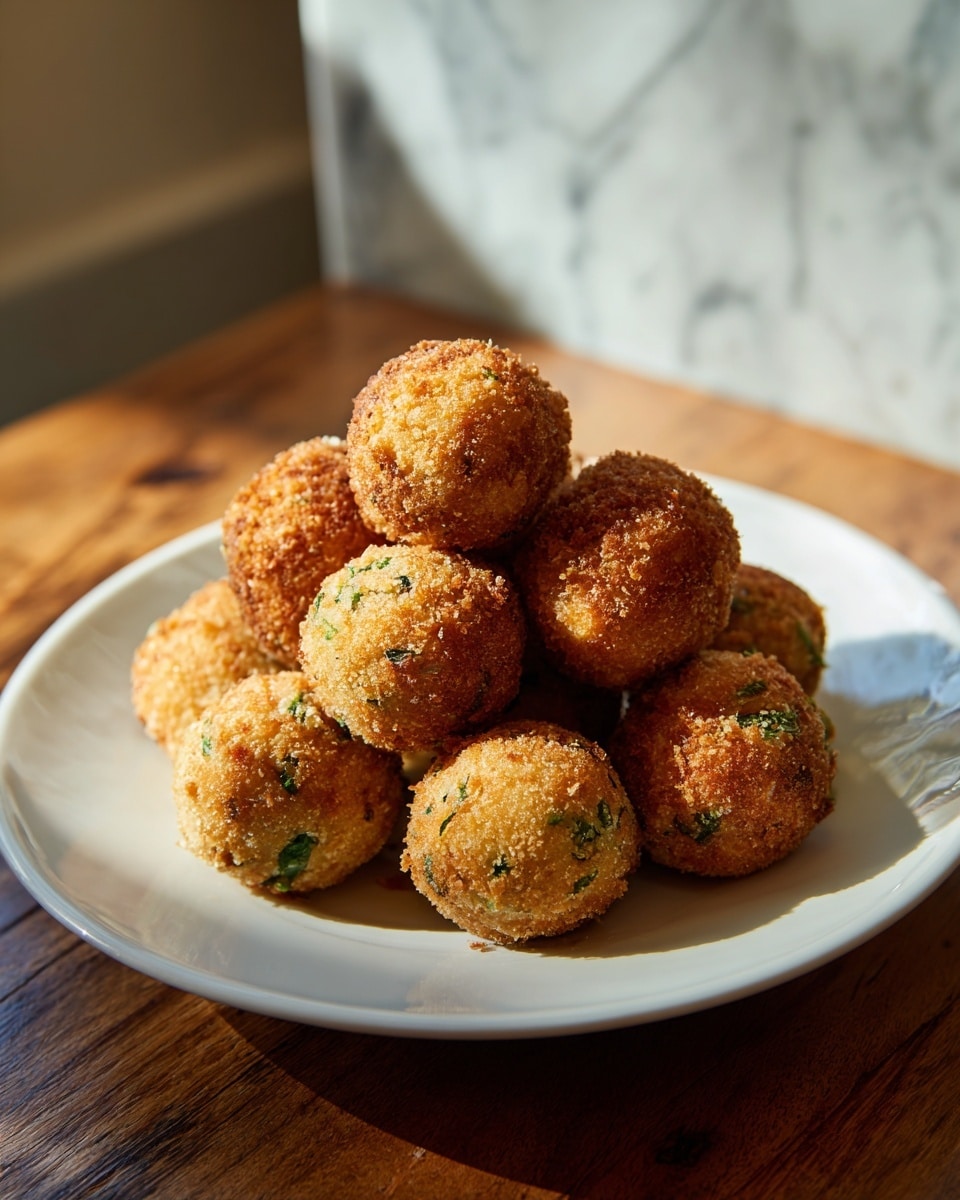 A white plate holds a pile of round, golden-brown baked balls with a slightly crispy outer layer. The balls are textured with small green herb pieces mixed throughout, giving a fresh, speckled look. They are stacked in a pyramid shape, showing the uneven but soft surface with some browned edges. The plate sits on a wooden table with a window softly lighting the scene and a white marbled textured background photo taken with an iphone --ar 4:5 --v 7