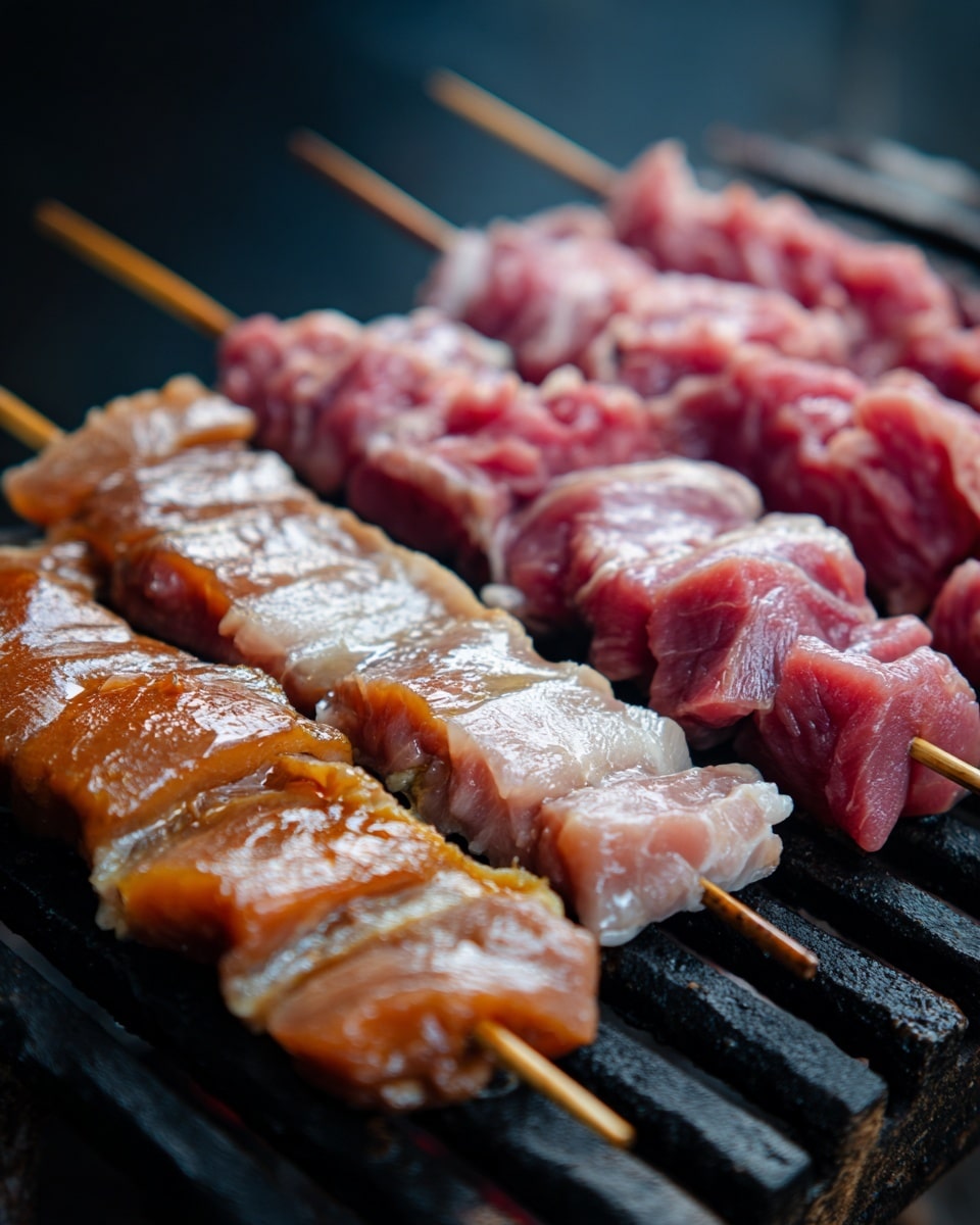 The image shows several skewers of meat cooking on a grill. There are two main types of meat: one is light brown and smooth with a slightly shiny and soft texture, placed on the left side, and the other is darker pinkish-red with rough texture, located on the right side. The light brown meat is thinly layered in folds on metal skewers, while the pinkish-red meat is loosely threaded in uneven pieces. The grill bars are dark with slight charcoal marks, and the background is blurred in dark gray. photo taken with an iphone --ar 4:5 --v 7