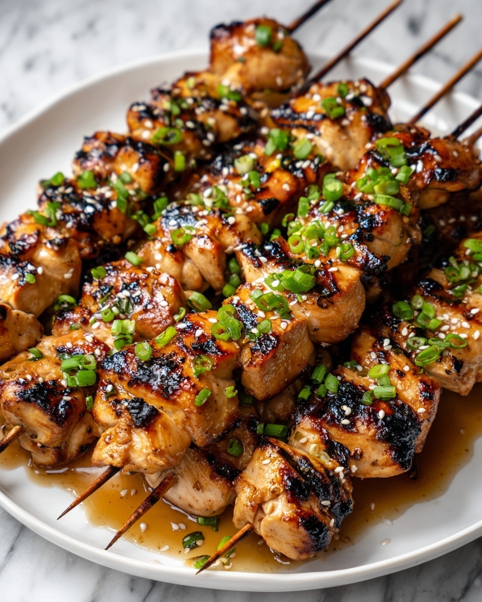 The image shows a white plate filled with several skewers of grilled chicken pieces. Each skewer holds multiple golden-brown chicken chunks that have slight char marks, giving them a textured look with some darker edges. The chicken is shiny with a glaze that looks like a sauce pooling on the plate. Green slices of spring onion and white sesame seeds are sprinkled on top, adding small colorful bits to the scene. The plate is set on a white marbled surface. Photo taken with an iphone --ar 4:5 --v 7