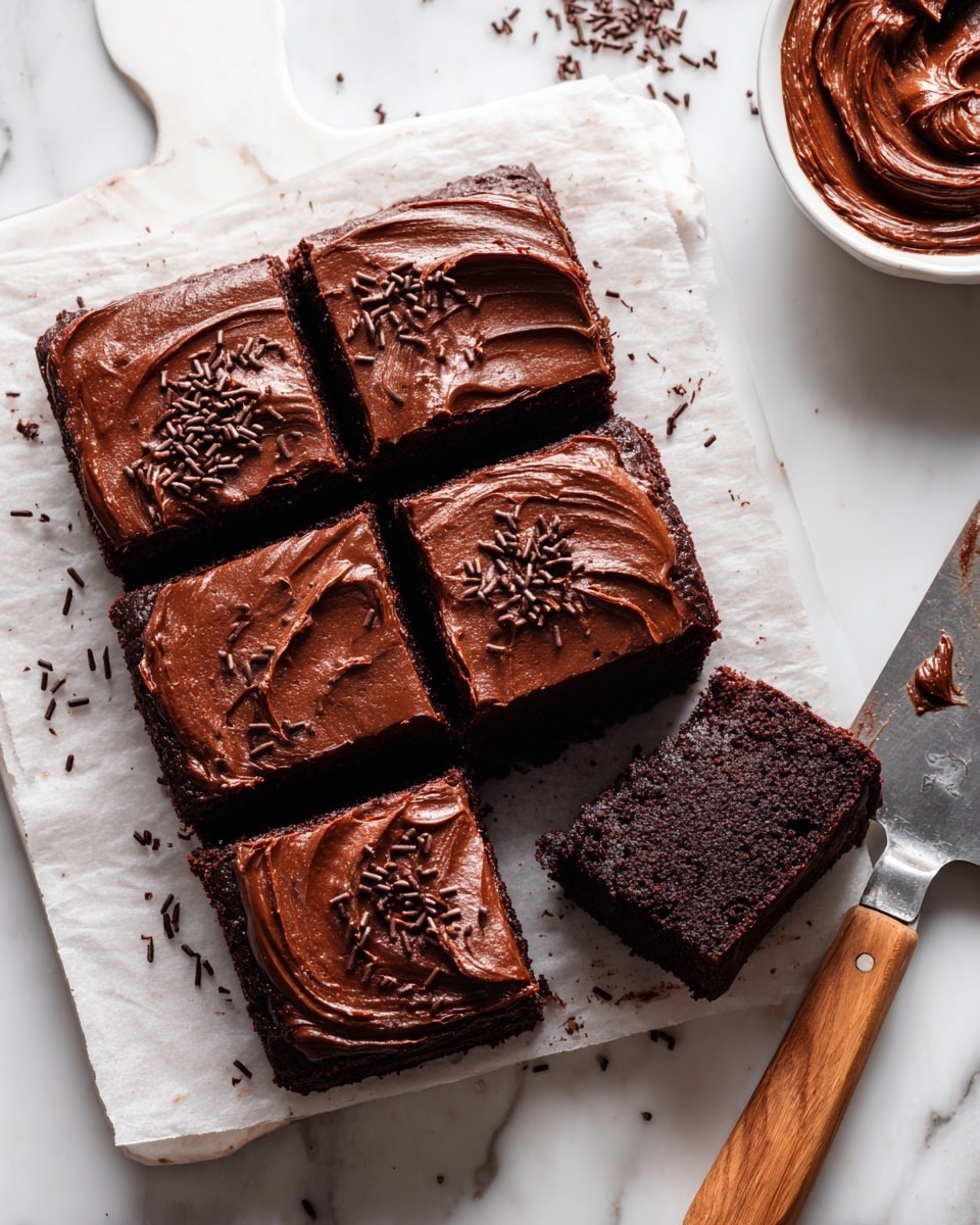 A close-up of a chocolate cake cut into six square pieces arranged in two rows and three columns on a black cooling rack lined with white parchment paper on a white marbled surface. The cake has two layers with a thick, smooth layer of swirled chocolate frosting on top, sprinkled with small chocolate sprinkles. The cake's top edge has swirled frosting that extends slightly beyond the cake. Chocolate sprinkles are scattered around the cooling rack on the surface. To the right, a metal spatula slides under one slice of the cake. The overall colors are rich dark brown cake, lighter brown frosting, and white background elements. Photo taken with an iphone --ar 4:5 --v 7