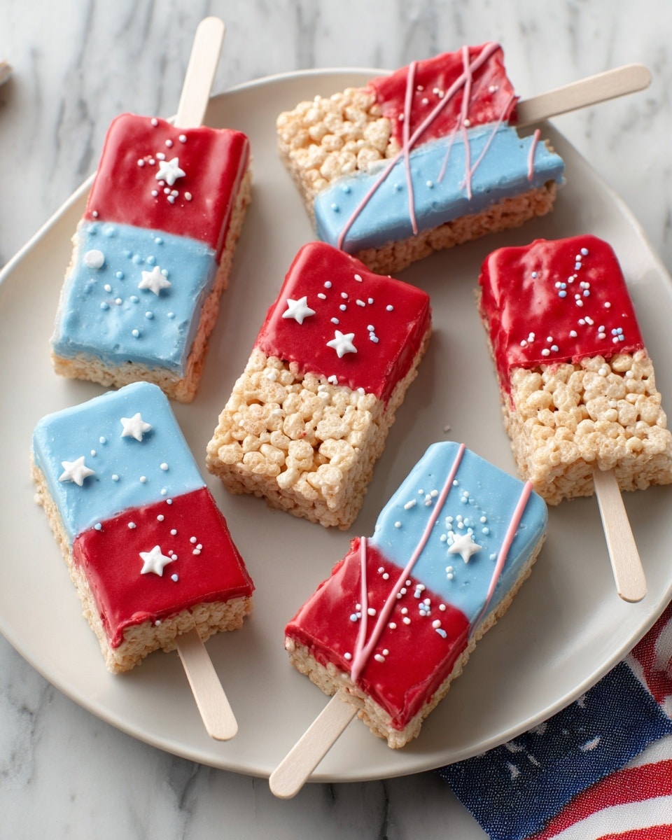 There are nine rectangular rice cereal treats on a white plate on a white marbled surface. Each treat is on a colored stick, mostly pink and blue, except for one white stick. The treats have two main layers: the base layer is light tan with a crispy texture, and the top corners are dipped in smooth, shiny red or blue icing. The red icing has thin white lines running across it, while the blue icing has white star-shaped sprinkles. The treats appear arranged casually, some overlapping, with a few patriotic-themed napkins nearby. Photo taken with an iphone --ar 4:5 --v 7