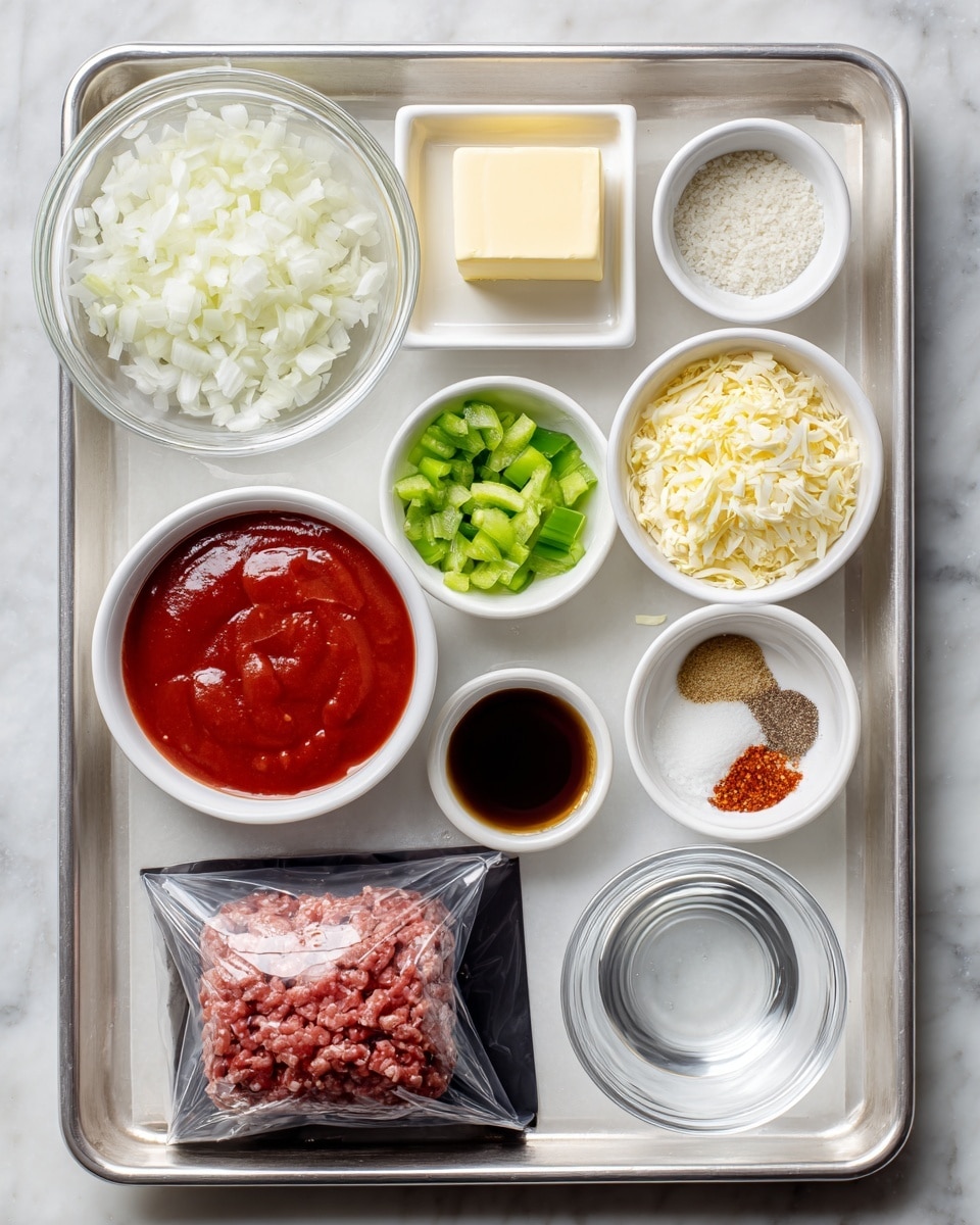 The image shows a silver baking tray on a white marbled surface. On the tray, arranged neatly, are small white bowls and glass bowls holding various ingredients: finely chopped white onion in a glass bowl on the top left, a white bowl with a square piece of pale yellow butter next to it, and another white bowl with finely chopped light yellow garlic to the right. Below these, a glass bowl contains chopped green bell pepper. Centrally placed is a sealed black package of ground beef with visible texture and folds. At the bottom left on the tray, there is a white bowl filled with bright red tomato paste and next to it is a small white bowl with pale light brown mustard. Adjacent to these are a white bowl with dark liquid Worcestershire sauce and a smaller bowl with a mix of salt, pepper, and reddish chili powder. To the right, a white bowl holds light brown packed brown sugar, and next to it is a small clear glass bowl with clear water. The setup is clean and orderly, showing each ingredient clearly on the tray. Photo taken with an iphone --ar 4:5 --v 7