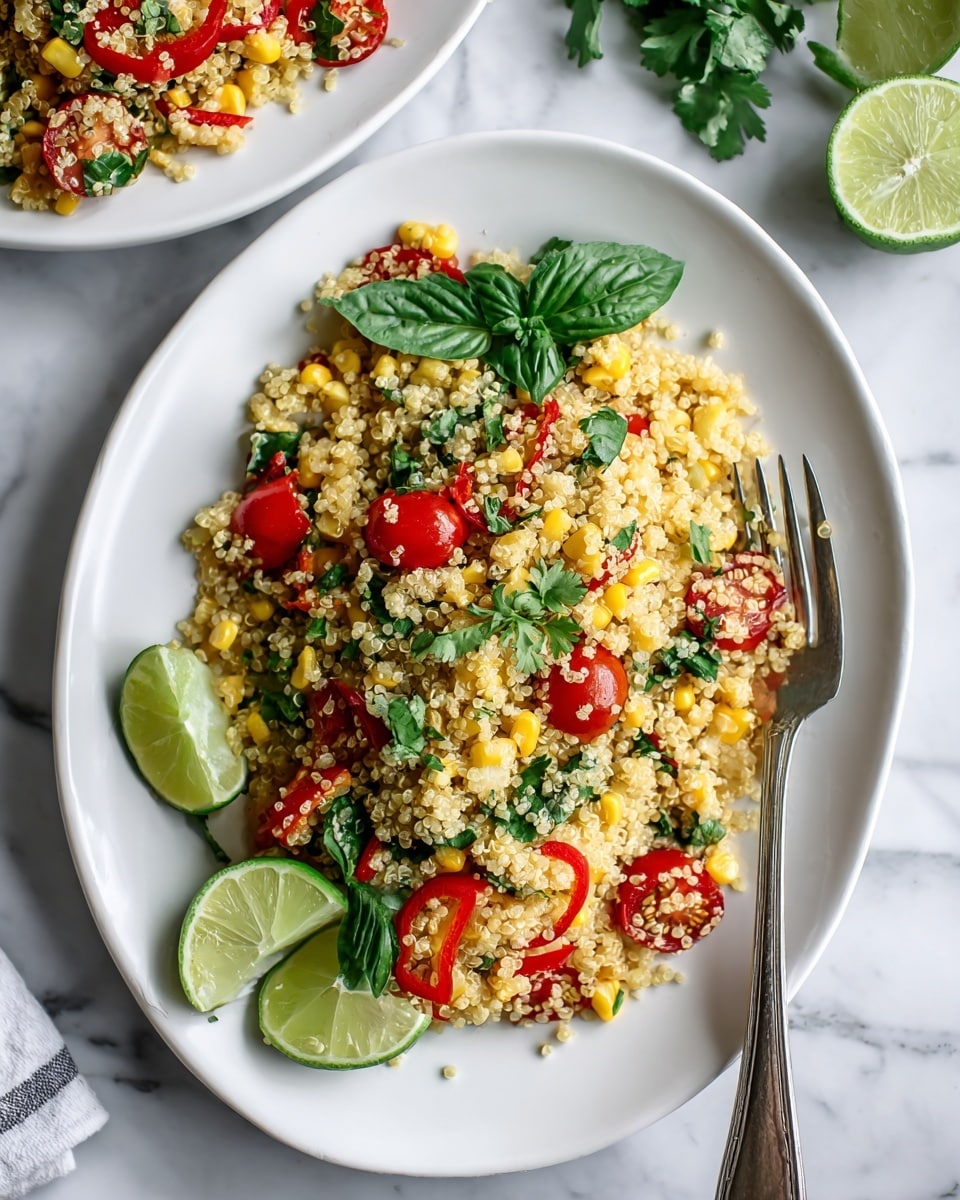 The dish is served on a white plate with a close view showing a colorful mix layered mostly with yellow grilled corn pieces and light brown quinoa as the base. Scattered evenly across the top are bright green cilantro leaves, small slices of green onions, and halved small red cherry tomatoes. There are also larger pieces of red roasted pepper mixed within the dish, and small white crumbles, likely cheese, sprinkled throughout. A lime wedge is placed on the edge of the plate, and the plate rests on a white marbled surface photo taken with an iphone --ar 4:5 --v 7