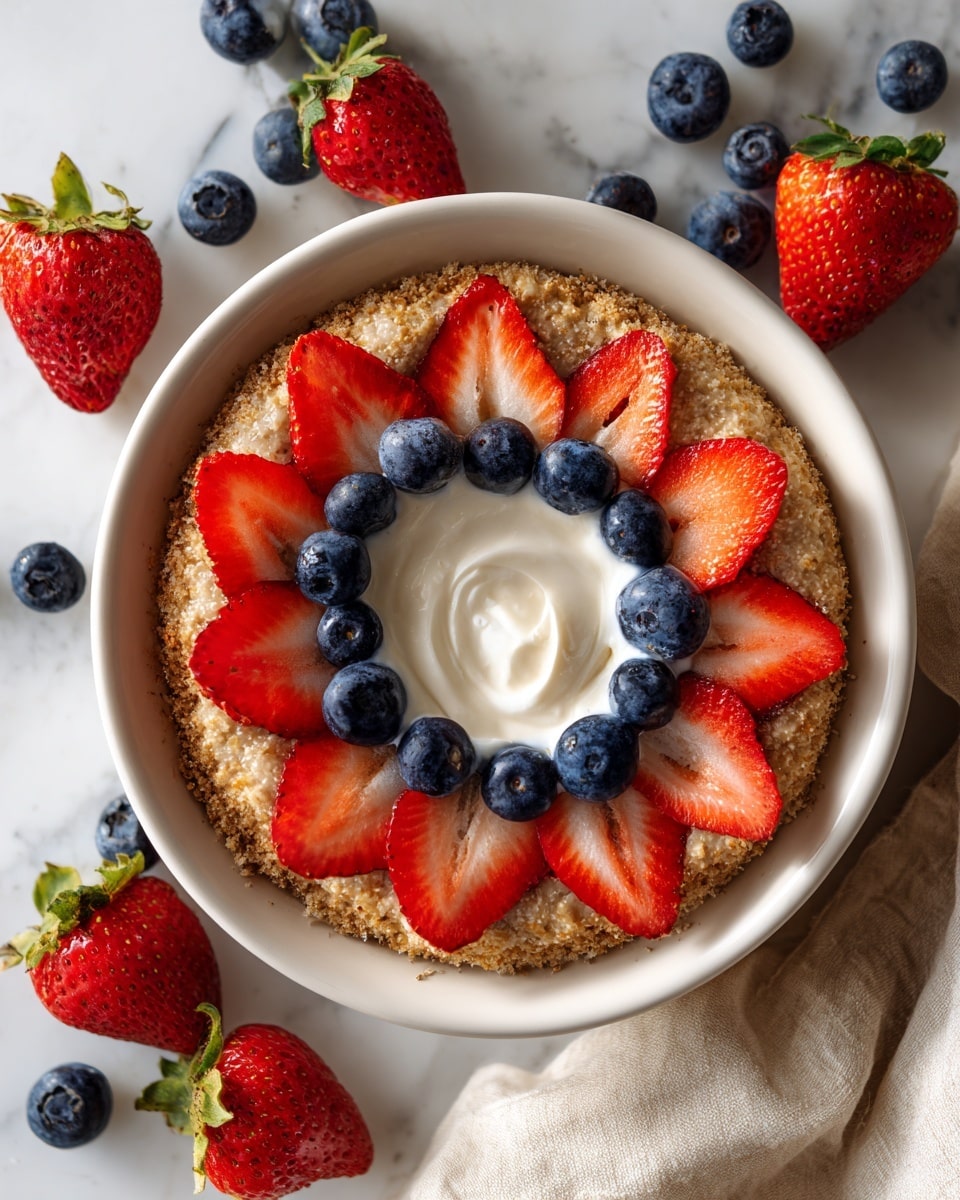 A white bowl is filled with a first layer of light brown oats with a rough texture, topped by a layer of sliced red strawberries arranged in a circle. On top of the strawberries, there is a dollop of smooth white cream in the center. Whole dark blue blueberries are scattered over the cream and around the strawberries, some resting on the oats. The bowl is set on a white marbled surface with extra strawberries and blueberries placed decoratively around it. photo taken with an iphone --ar 4:5 --v 7