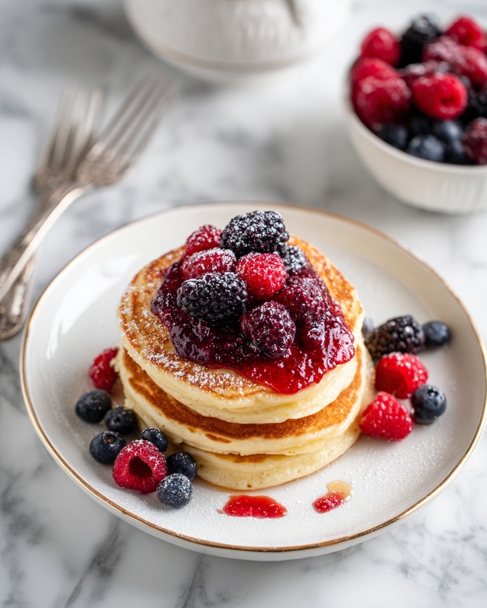 A stack of three golden brown pancakes sits in the center of a white plate with a gold rim. On top is a thick layer of dark red berry sauce with visible seeds, covered by fresh raspberries, blackberries, and blueberries. Some berries and sauce spill onto the plate around the pancakes. A sprinkle of white powdered sugar lightly dusts the pancakes and plate. Next to the plate is a silver fork with a detailed handle, resting on a white marbled surface. In the upper right corner, a white bowl filled with more mixed berries is partially visible. photo taken with an iphone --ar 4:5 --v 7
