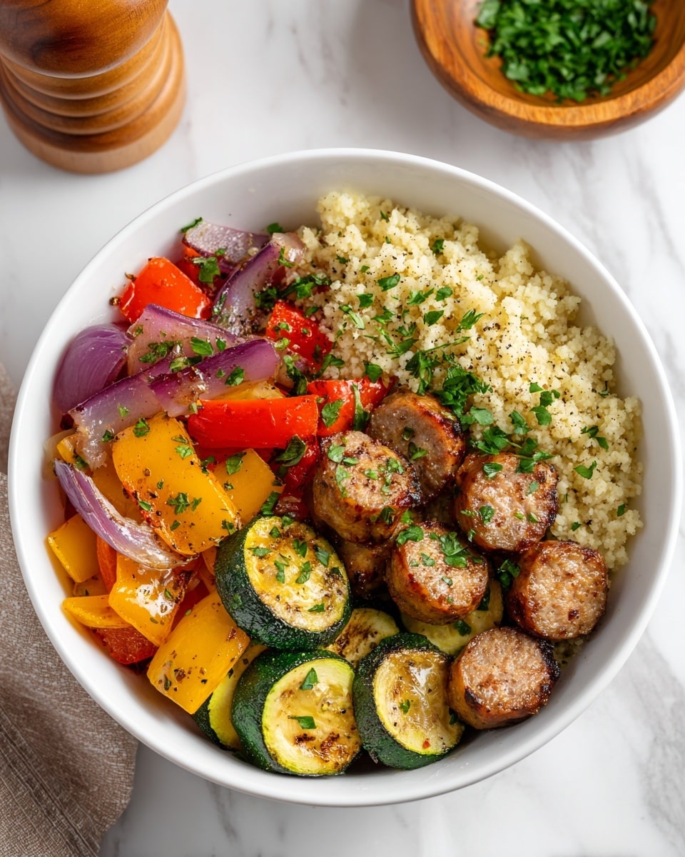 A white bowl holds a meal with two main layers side by side; on the left are round slices of browned sausage mixed with chunks of bright yellow and red bell peppers, green zucchini slices, and pieces of purple onion, all showing a slightly grilled texture. On the right side of the bowl is a fluffy layer of light beige cauliflower rice garnished with small green parsley leaves and a sprinkle of black pepper. The bowl is placed on a white marbled surface with scattered parsley bits around it. photo taken with an iphone --ar 4:5 --v 7