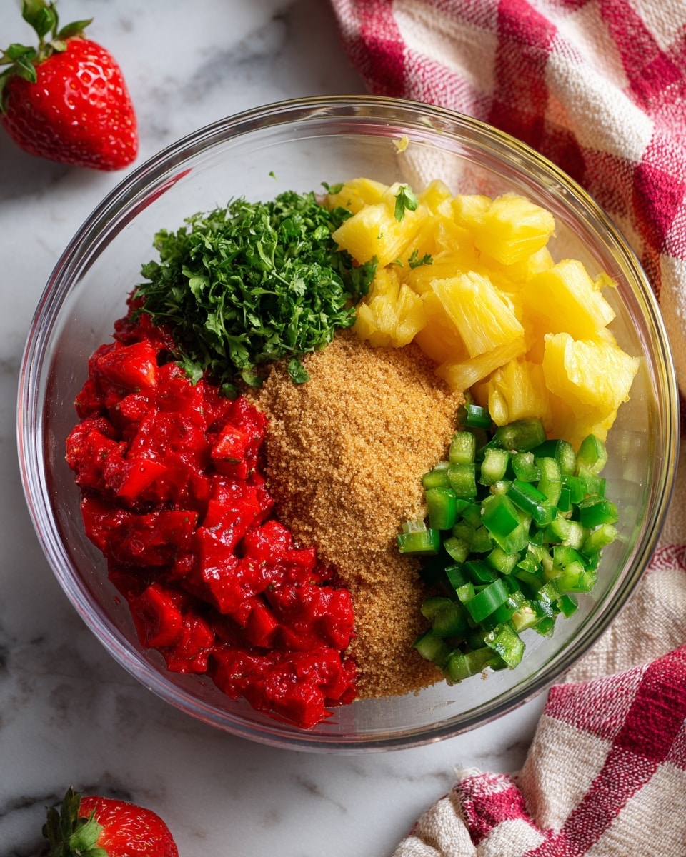 The image shows a clear glass bowl with five colorful layers of ingredients arranged separately. Starting from the bottom left, there is a layer of bright red chopped strawberries with a glossy texture. Next to it, moving clockwise, is a mound of light brown sugar with a grainy texture. Adjacent to the sugar is a pile of finely chopped fresh green herbs, including cilantro. Beside the herbs is a cluster of dark green chopped jalapeño peppers with a smooth, shiny surface. Finishing the circle is a section of yellow pineapple chunks, slightly translucent and juicy. The bowl is placed on a white marbled surface with a red and white checkered cloth to the upper left and a whole strawberry at the bottom left edge of the frame. Photo taken with an iphone --ar 4:5 --v 7