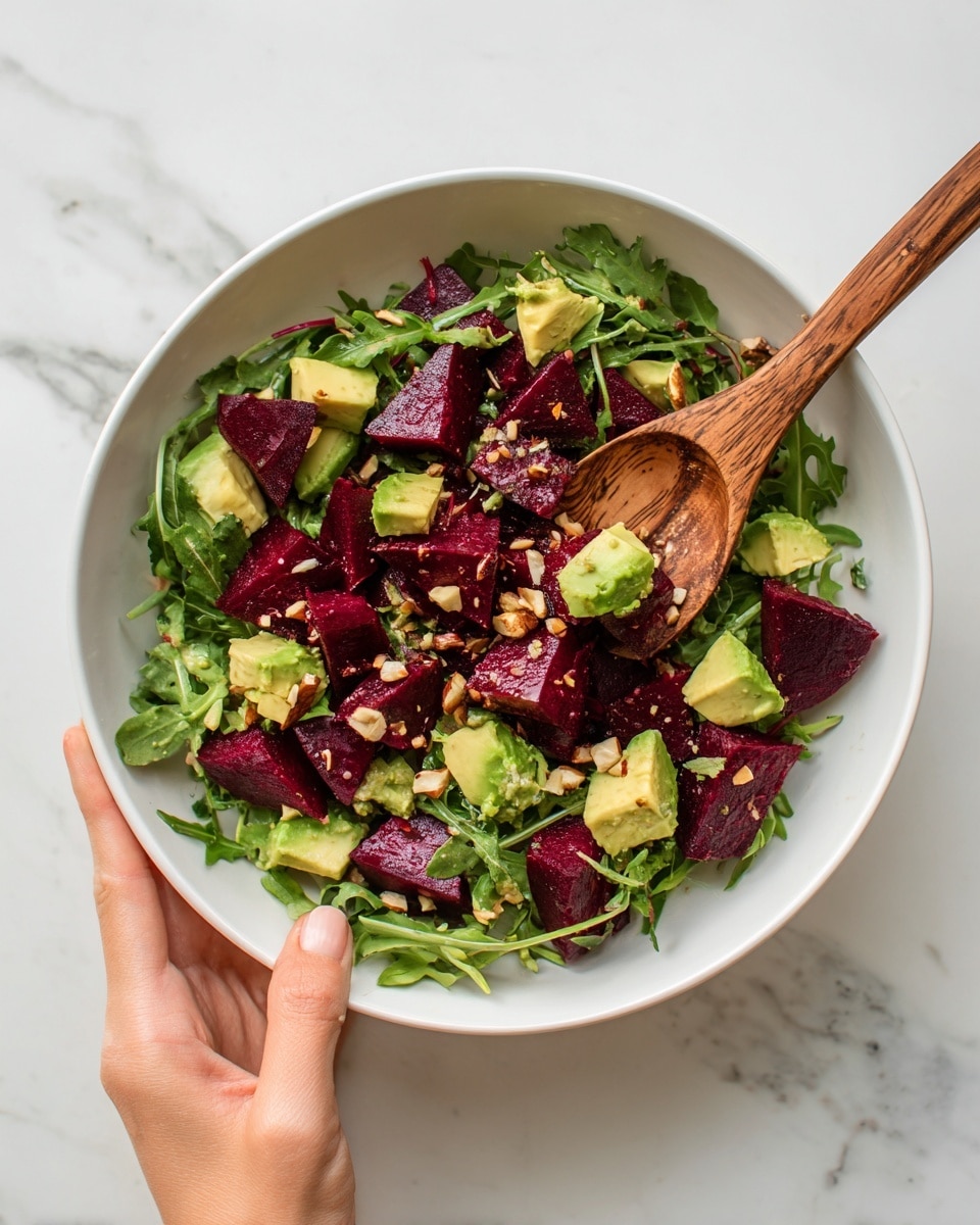A white bowl filled with a fresh salad that has three layers: the bottom layer is a bed of green leafy arugula, the middle layer contains dark red beet cubes evenly spread out, and the top layer is sprinkled with light green avocado chunks and small golden seeds. A woman's hand holding a wooden spoon is mixing the salad on the right side. The bowl is placed on a white marbled surface with a soft, natural light shining from the top left. photo taken with an iphone --ar 4:5 --v 7