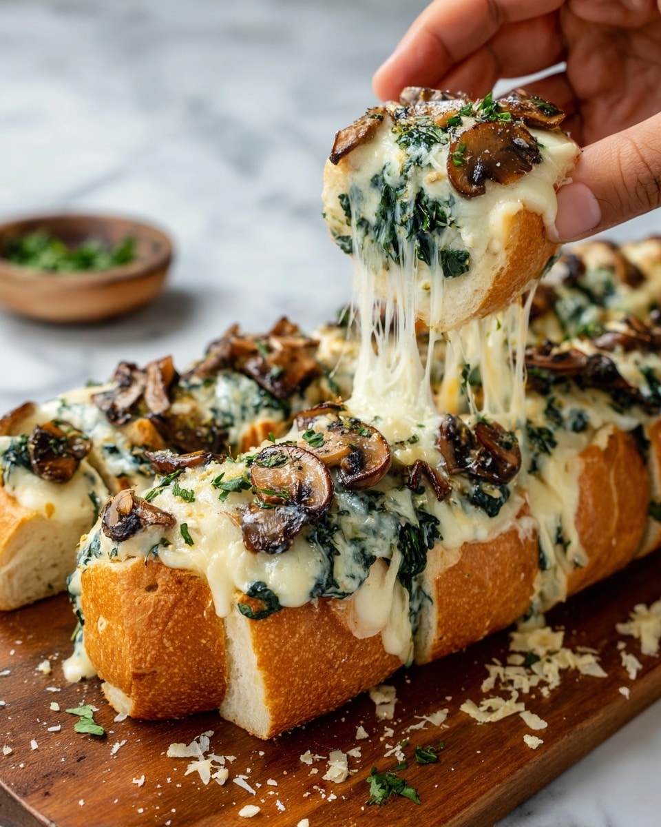 The image shows a single loaf of bread sliced open lengthwise and filled with layers of melted white cheese mixed with chopped spinach and herbs. The cheese is creamy with golden brown spots on top, covering the inside fully, while the bread crust is toasted light brown and crispy. The spinach and herbs add green specks throughout the cheese layer. The loaf rests on a white marbled surface. Photo taken with an iphone --ar 4:5 --v 7